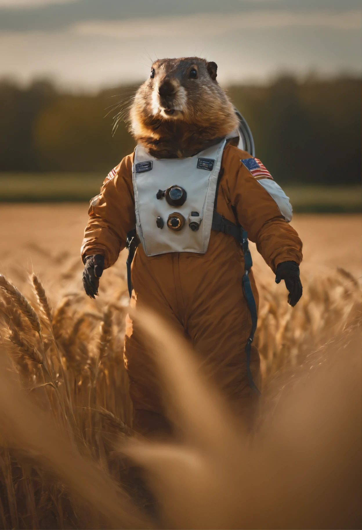 Groundhog astronaut standing in a wheat field，