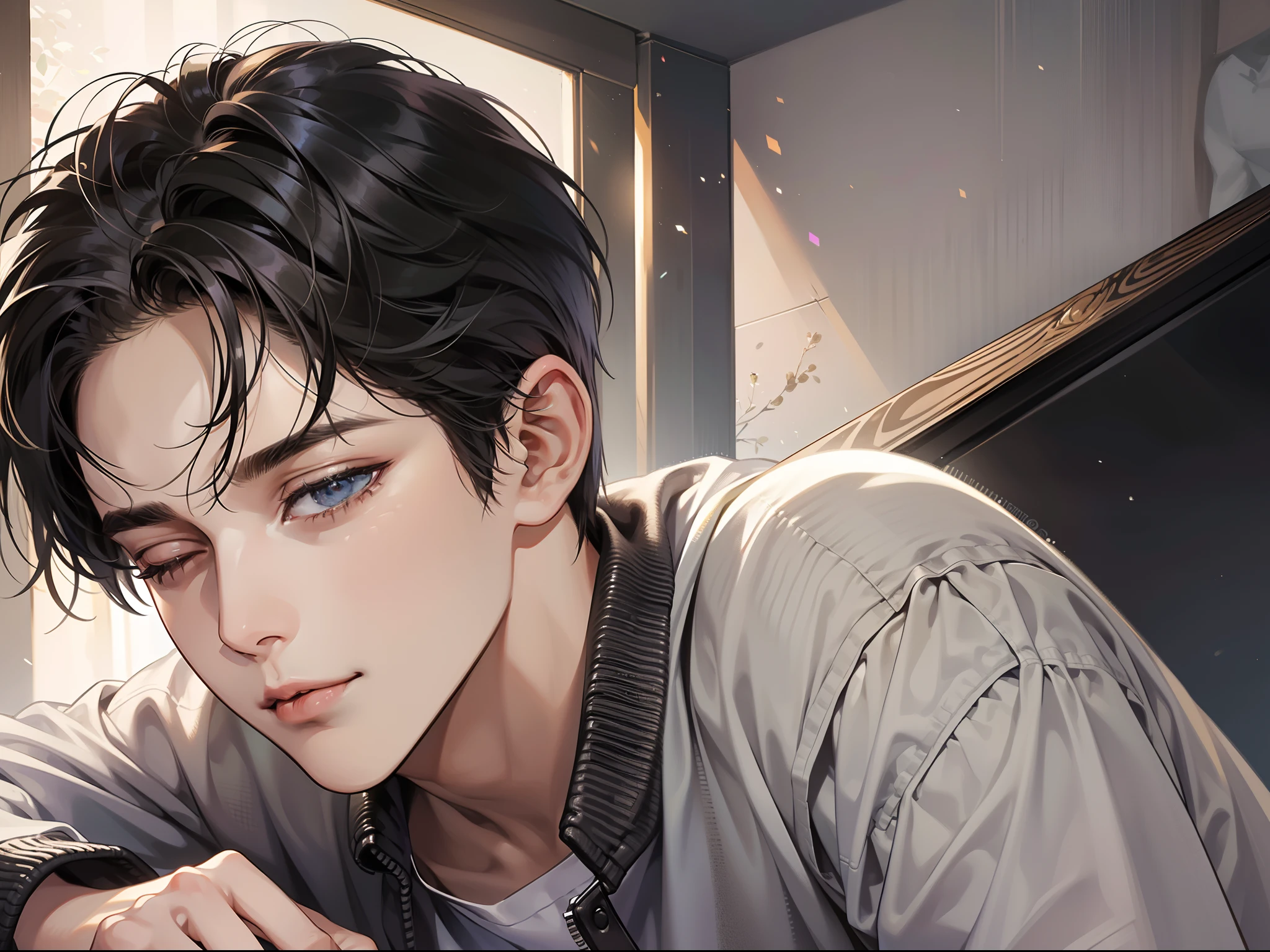 (highest resolution, distinct_image), best picture quality, male god masterpiece,Realistic, Perfect Lighting, Detailed face, Detailed body, 1 man, Short black hair, (Innocent expression: 1.5) (Innocent face: 1.5), Eyes closed, Stand in your room while sleeping
