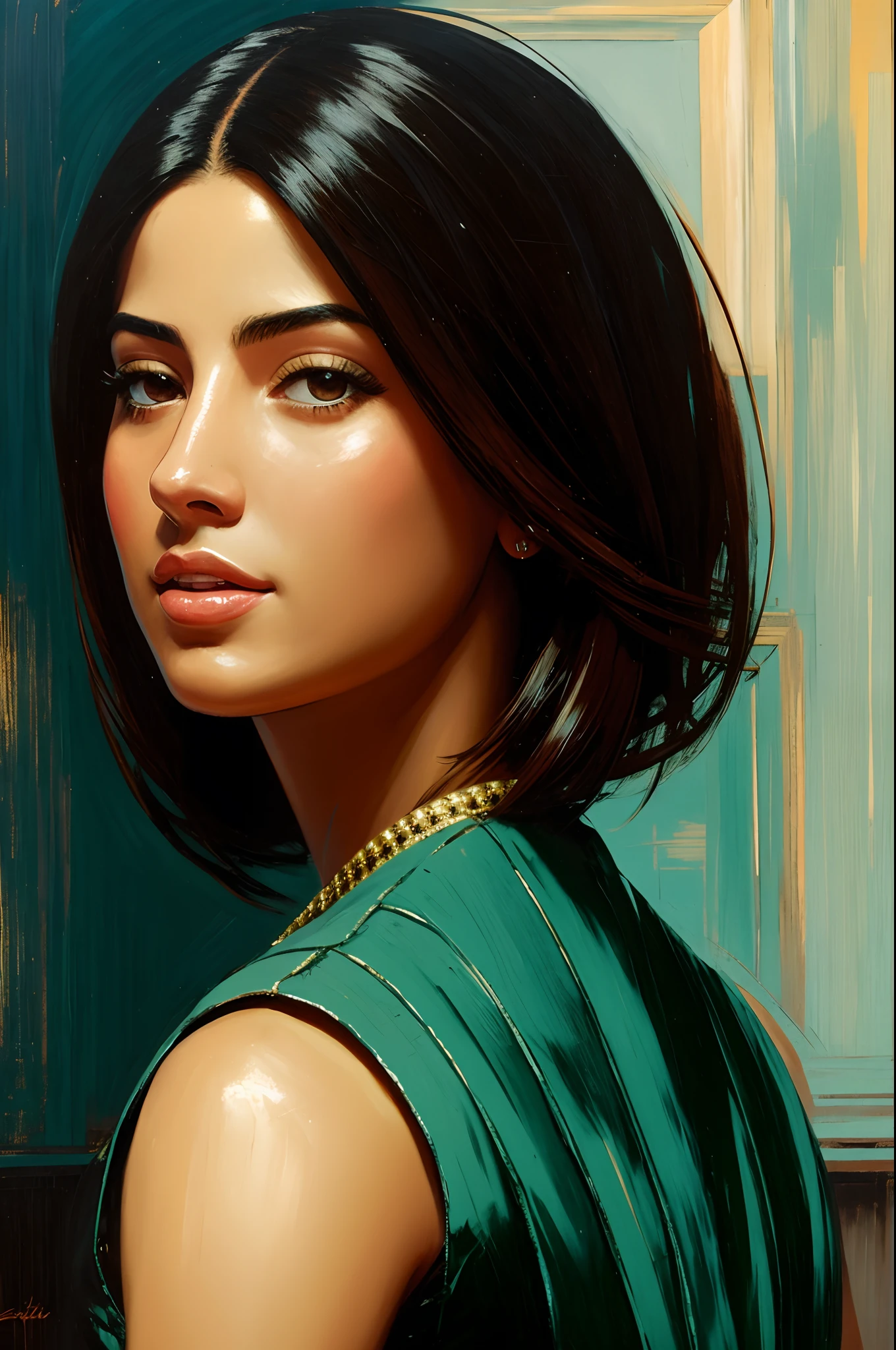 High-quality detailed image of a beautiful girl: (Mestizo: Lineament, Persia: 0.2 : Egyptian: 0.3 : Darna: 0.25 : Selena Quintanilla Perez: 0.25) : pale skin, ((Asymmetrical haircut)), High facial detail : Realistic : in a T-shirt and shorts, the Milky Way,(oil painting:0.75), (Screensaver:0.75),(teal:0.2),(Orange:0.2), (by Jeremy Mann:0.5), (John Constable:0.1), (Yuriy Arkus:0.5),(acrylic paint:0.75), 8K
