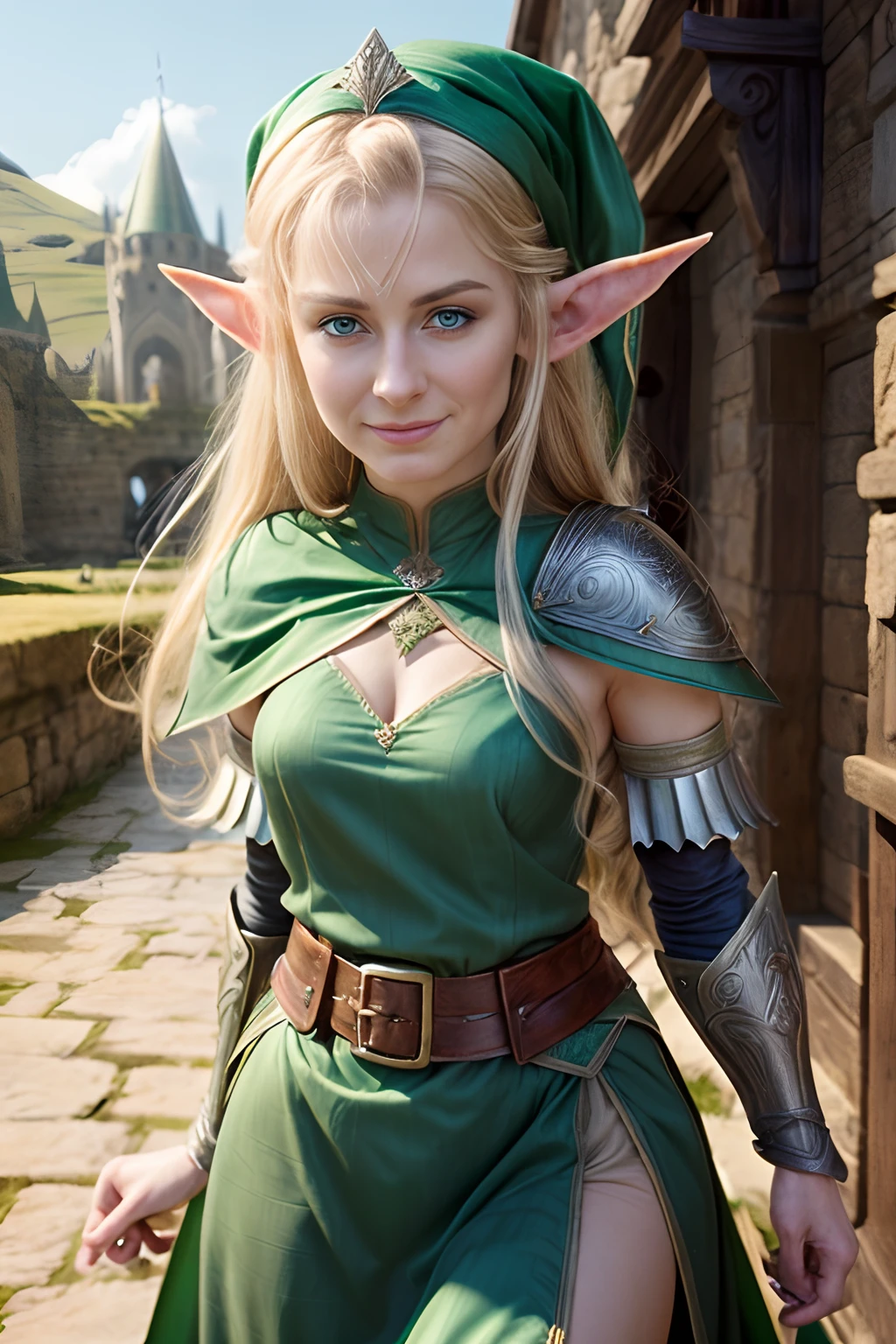 a close up of a woman in a green dress and a sword, elf girl, elf princess, alluring elf princess knight, portrait of an elf, a portrait of an elf, elf princess knight, female elf, elven character with smirk, extremely detailed artgerm, elf queen,