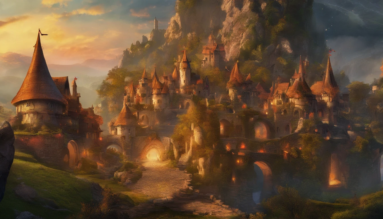 a medieval village, ruins, on fire