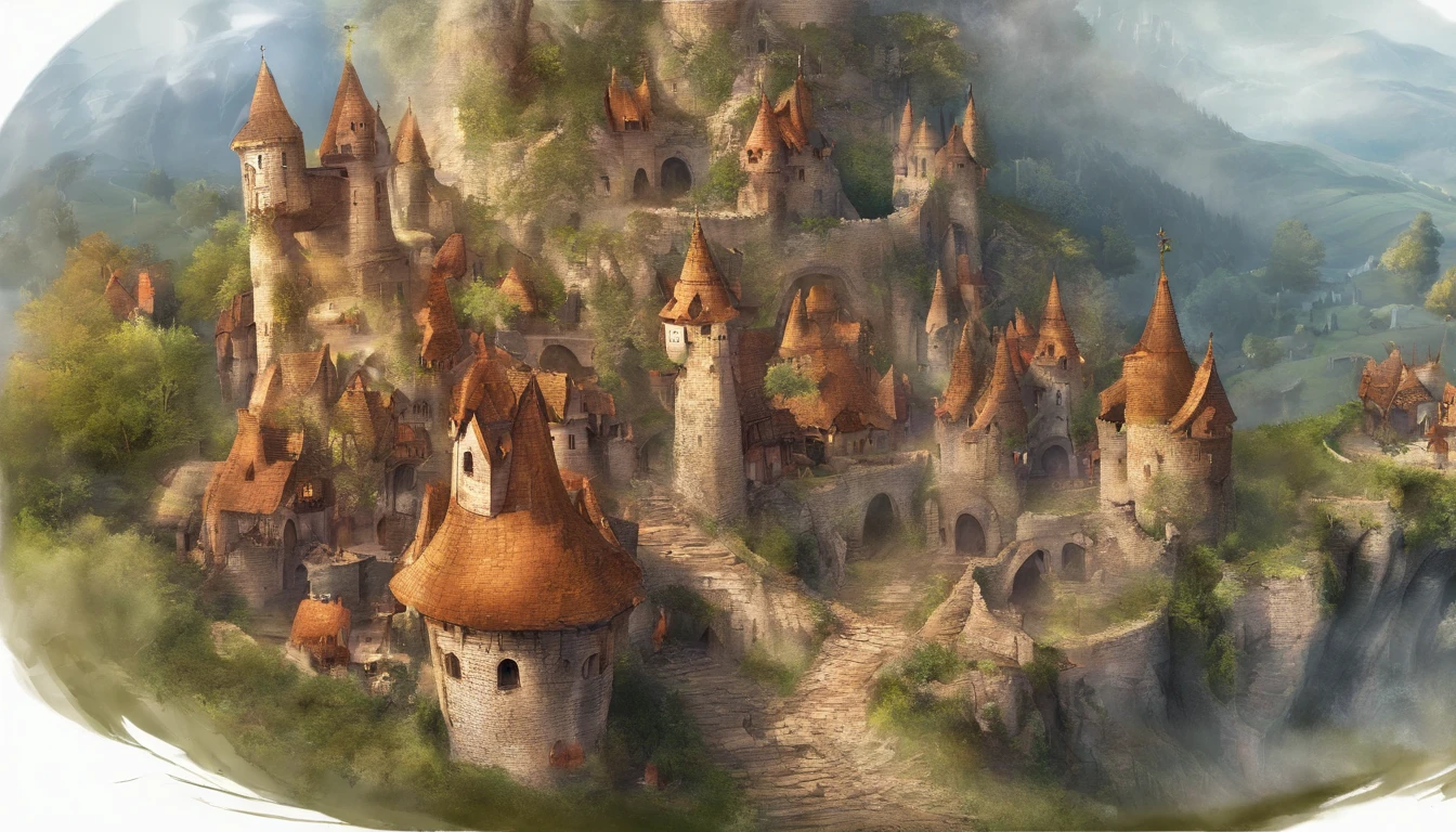 a medieval village, ruins, on fire