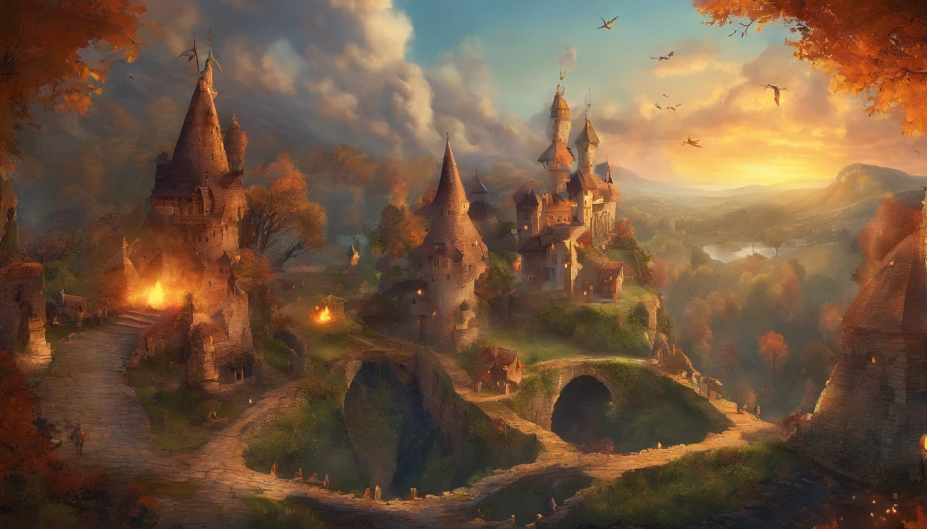 a medieval village, ruins, on fire