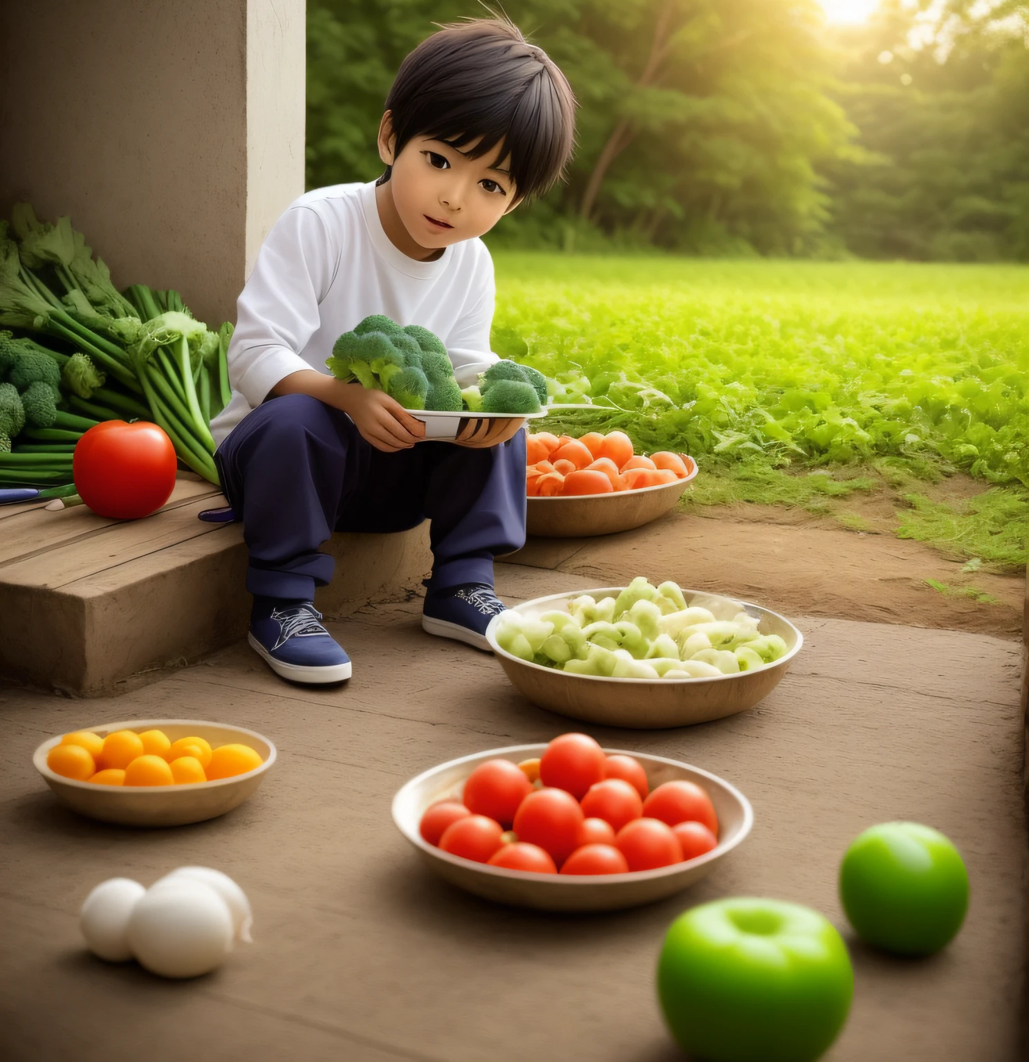 There was a little boy kneeling on the grass picking vegetables, shot on a Canon EOS R5, shot on canon eos r 5, wearing a straw hat and overalls, Cute boy, shot on nikon z9, gardening, in a field, Beginner, wearing farm clothes, Shot on Canon EOS R 6, kiddy big breasts, japanesse farmer, In the garden