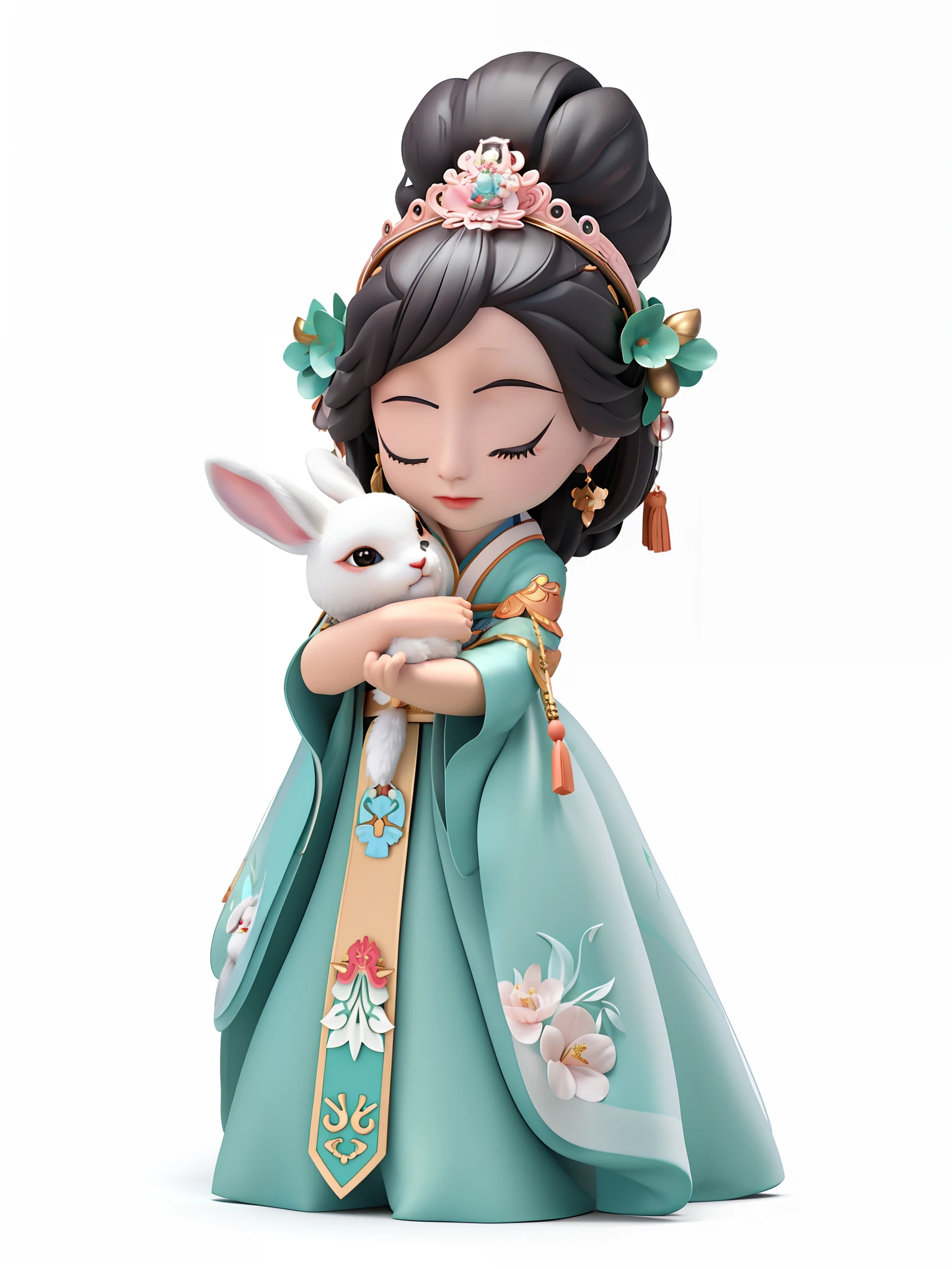Close-up of a statue of a woman holding a rabbit, Palace , A girl in Hanfu, trending on cgstation, author:Li Fangying, cute 3 d render, By Li Song, author:Lee Jeon-suk, author:Qiu Ying, lovely digital painting, render of april, author:Qu Leilei, inspired by Park Hua, Cute Pocelain doll