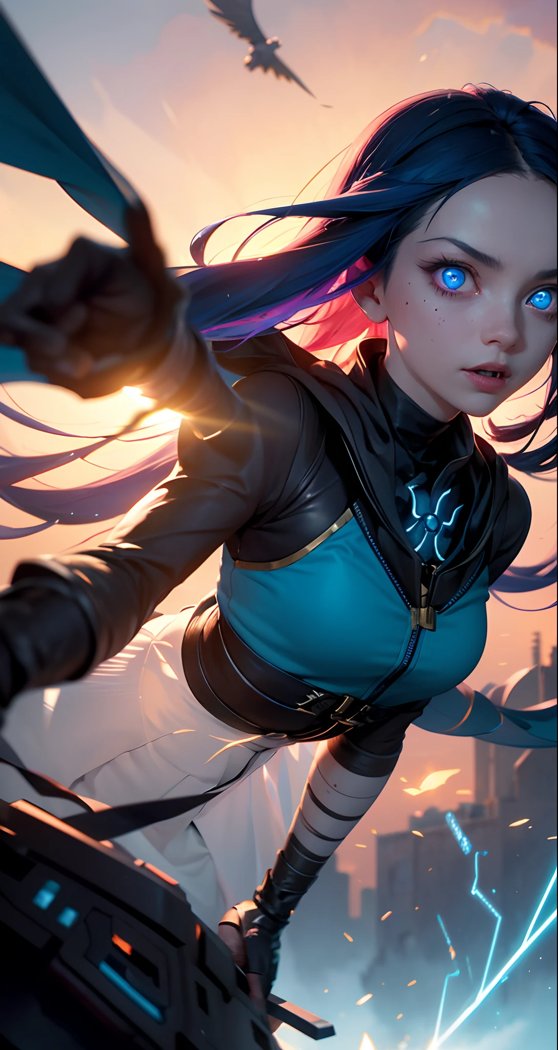 Jinx stole, super background, tmasterpiece, higly detailed, Glowing blue eyes, Epicness, grenade, Epic backstory, Explosions Masterpiece, Персонаж игры Джинкс League of Legends,higly detailed, Scene in motion, madness, the wind, Explosions of the best quality, filmstill, 1 Jinx, Jinx from the clouds, soaring in the sky, a closeup of a, The vibrant, a happy, warm soft lighting, Sundown, (sparks: 0,7)