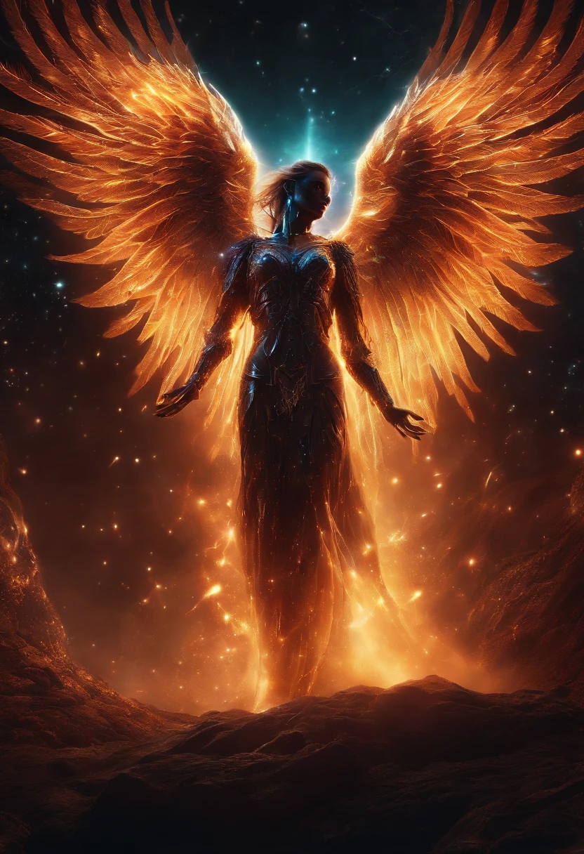 Cosmic Fallen Angel, glowing light eyes, Biomechanical, eerie, Creepy, nightmarish, Very bright colors, Light particles, with light glowing, Mshiff, wallpaper art, UHD wallpaper