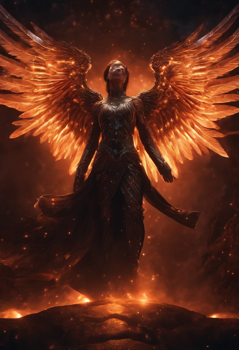 Cosmic Fallen Angel, glowing light eyes, Biomechanical, eerie, Creepy, nightmarish, Very bright colors, Light particles, with light glowing, Mshiff, wallpaper art, UHD wallpaper