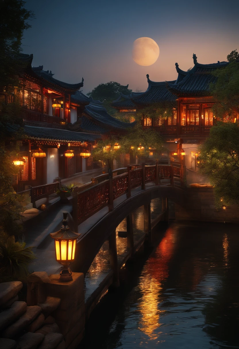 (Masterpiece, Best quality, illustration, fine detail), ((highly detailed CG Unity 8k wallpaper, High resolution)), high saturation, low light, ConceptArt, ((uninhabited)), (paysage), (Petit pont Eau courante), (Jiangnan Water Town), ciel, Nuit, (pleine lune), nuage, outdoor, architecture, river, Jardin de Suzhou