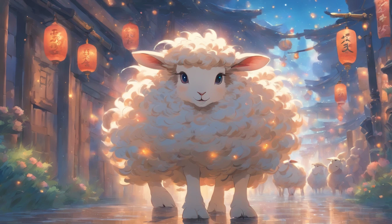 Zodiac sheep A fluffy rabbit, ,Big eyes, Dress up in festive costumes, Standing on the side of the street, Ancient style, Artistic touch，Snes painting