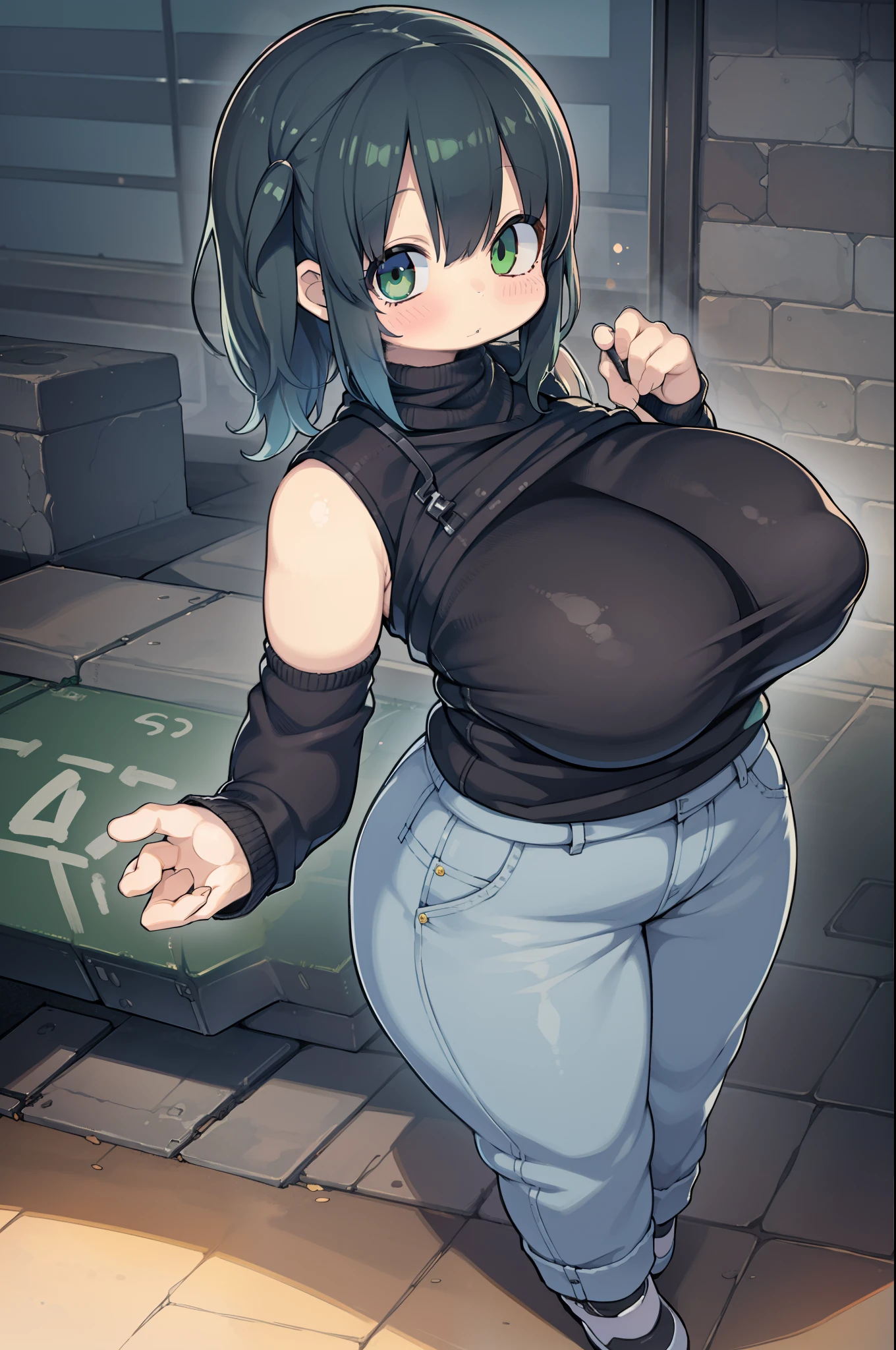 Giant handgun、Long sideburns、Anime-style girl with beautiful whole body, Girl,clean detailed faces, ciber,analogous colors, Glowing shadows, beautiful gradients, depth of fields, CLEAN IMAGE, High quality,Black Parker Clothing、 high detailing, High Definition, blush, Fit, Heavenly Beauty, Very detailed, Soft lighting, Full body,Green&Black hair,Green eyes、