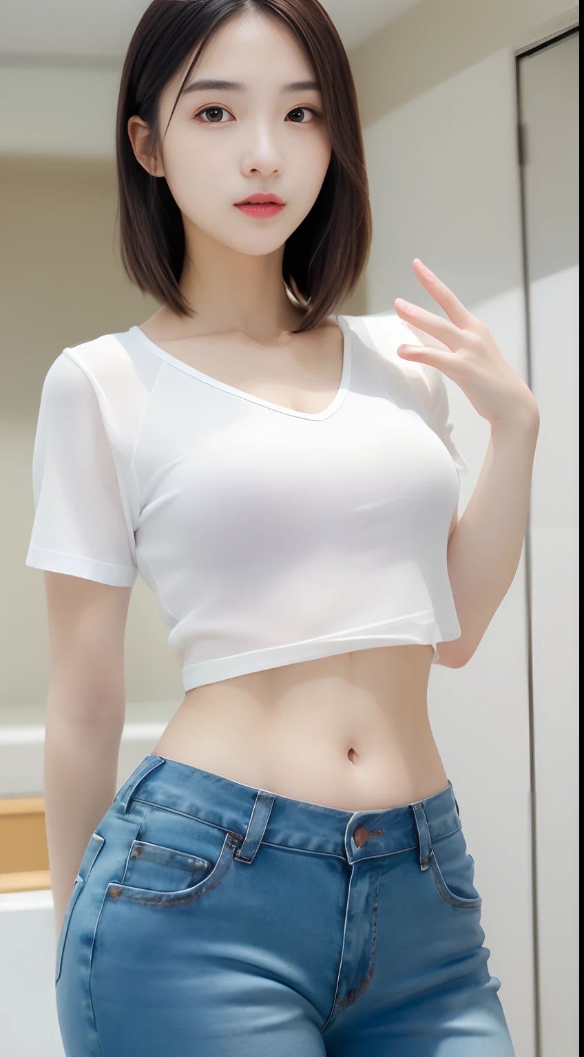 (photoRealstic:1.4)、(hyper realisitc:1.4)、(reallistic:1.3)、(Smooth lighting:1.05)、(Improved cinematic lighting quality:0.9)、32K、20 years girl、Realistic lighting、back Lighting、Facial Lights、Ray tracing、(brightened light:1.2)、(Quality improvement:1.4)、(Realistic textured skin of the highest quality:1.4)、Fine Detailed Eyes、A detailed face、Fine quality eye、(enhance the atmosphere of body line:1.1)、(increase in beauty of skin texture:1.1),Cheerful and lively,fully body photo,Slim figure,Skinny figure,Open navel,Short transparent shirt,shorter pants,Lateral face,Side Body