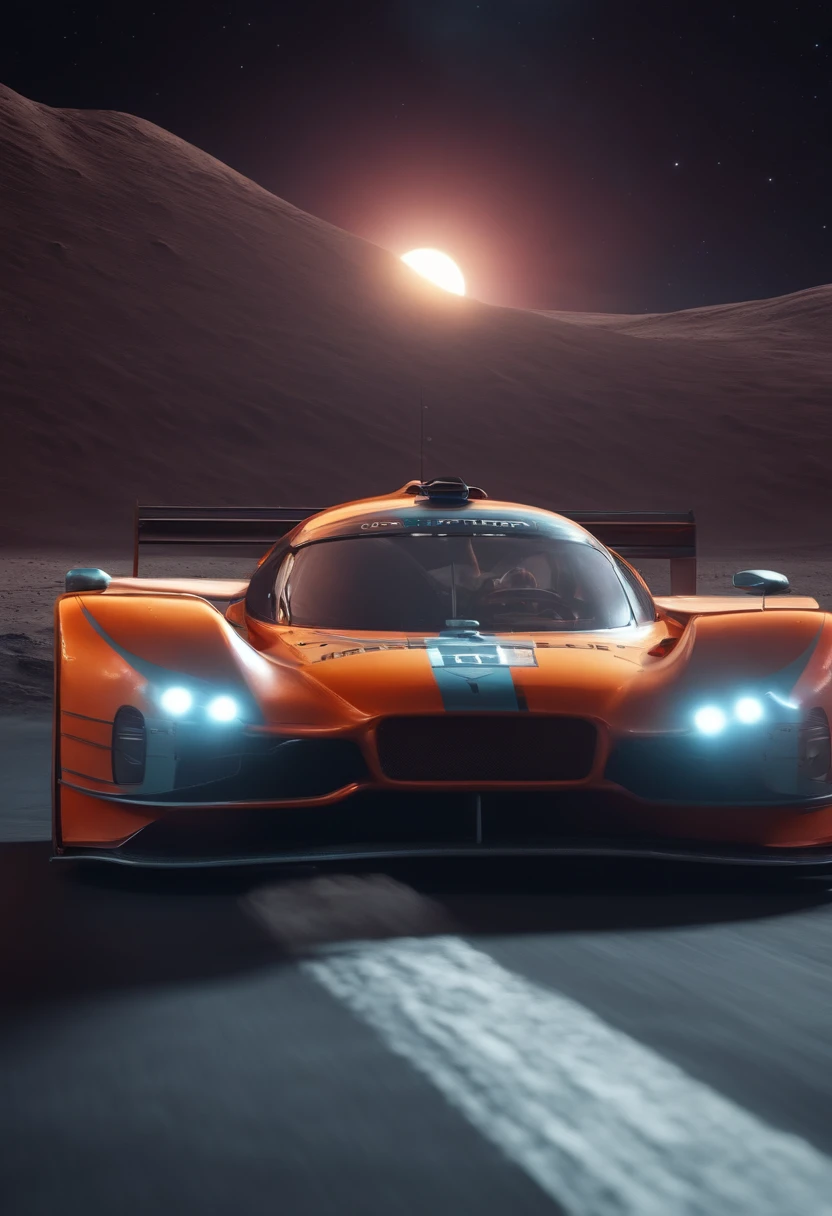 race cars racing on the moon with retro future track. 8k