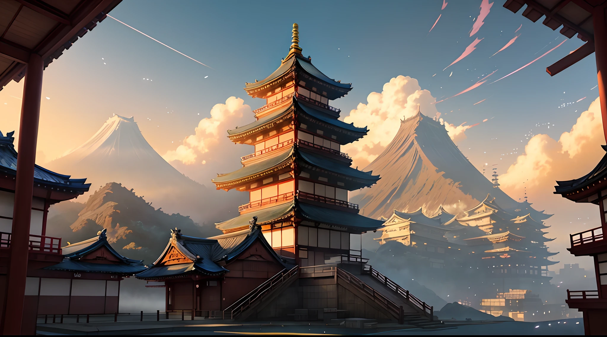 anime scene of a large building with a staircase leading to a balcony, anime scenery concept art, anime background art, ross tran. scenic background, andreas rocha style, trending on artstation pixiv, digital painting of a pagoda, traditional japanese concept art, cyberpunk japanese temple, anime scenery, inspired by Andreas Rocha, relaxing concept art, anime concept hdr anime macmanus