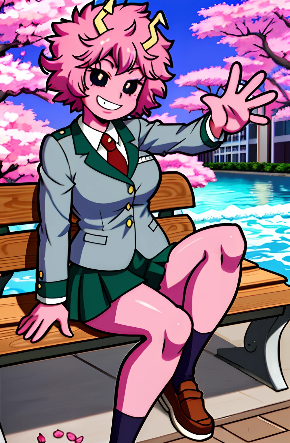 [mina ashido], [Boku no hero academia], ((masterpiece)), ((solo portrait)), ((full body)), ((cute)), ((High definition)), ((anime)), ((Kohei Horikoshi)), ((detailed shading)), ((intricate details)), ((shoes visible)), [mina ashido; (pink skin), big round black eyes, curly pink hair, curly yelpw horns, short eyelashes, large boobs, beautiful legs), {(school uniform); grey blazer, white shirt, red tie, yellow buttons, short blue skirt, (brown loafers), (defined leg muscles)}, (cute smile), (white teeth)], {(sitting on bench), (looking at viewer), (waving)}, [Background; (school); (cherry blossoms), sunny]