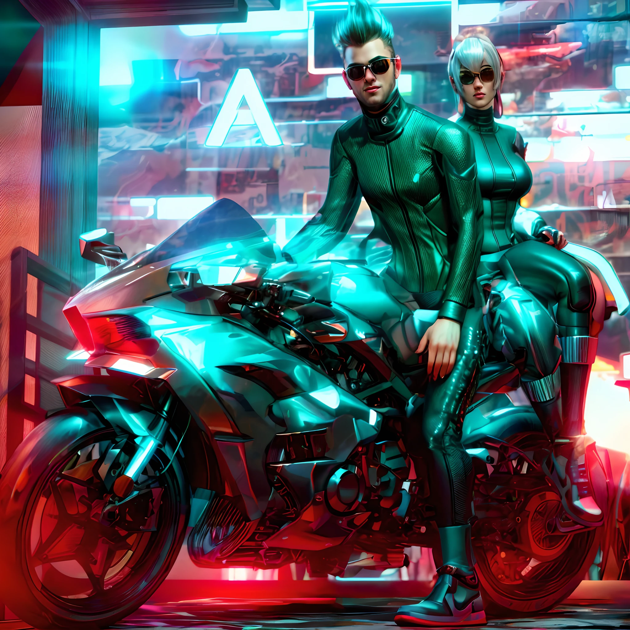 there is a man and woman sitting on a motorcycle in a room, sitting on cyberpunk motorbike, riding a futuristic motorcycle, sitting on a motorcycle, riding a motorcycle, motorcycle, cycles4d render, 3 d render character art 8 k, realism artstyle, motorbiker, photorealistic artstyle, futuristic clothing and helmet, cyber style, realistic artstyle