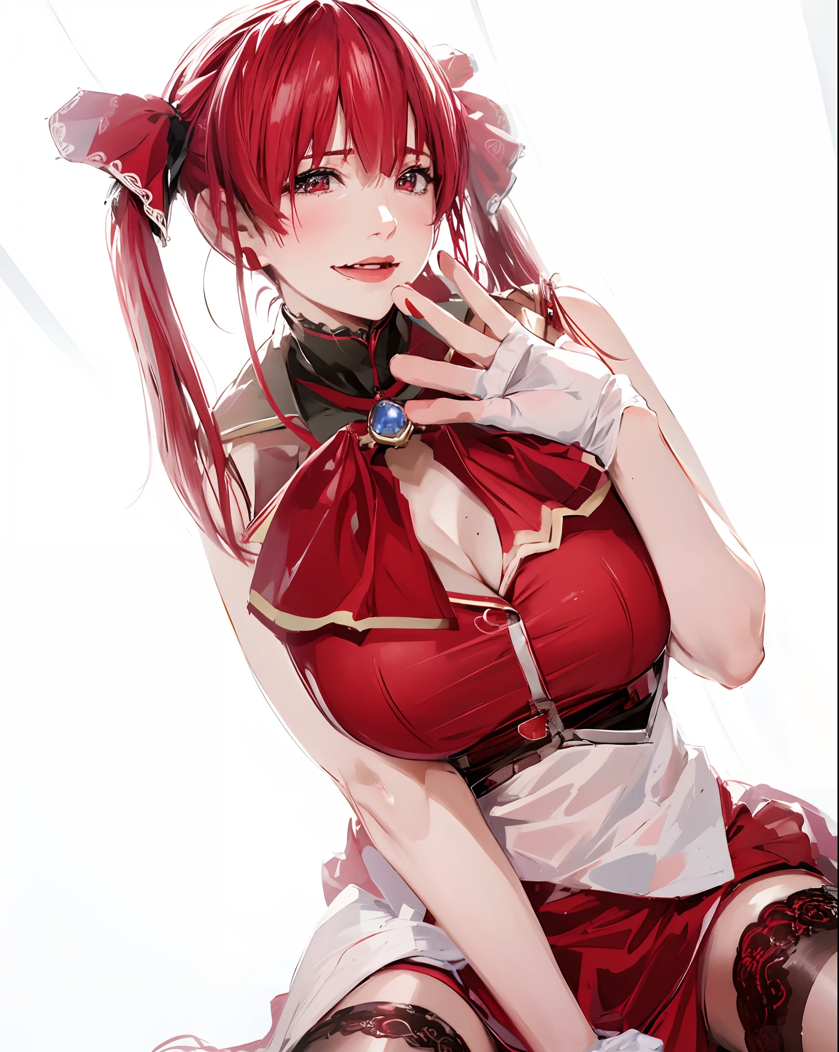 arafed woman in a red dress and white gloves posing for a picture, anime girl cosplay, anime cosplay, , cosplay, cosplay photo, cosplayer, Houshou Marine from Hololive