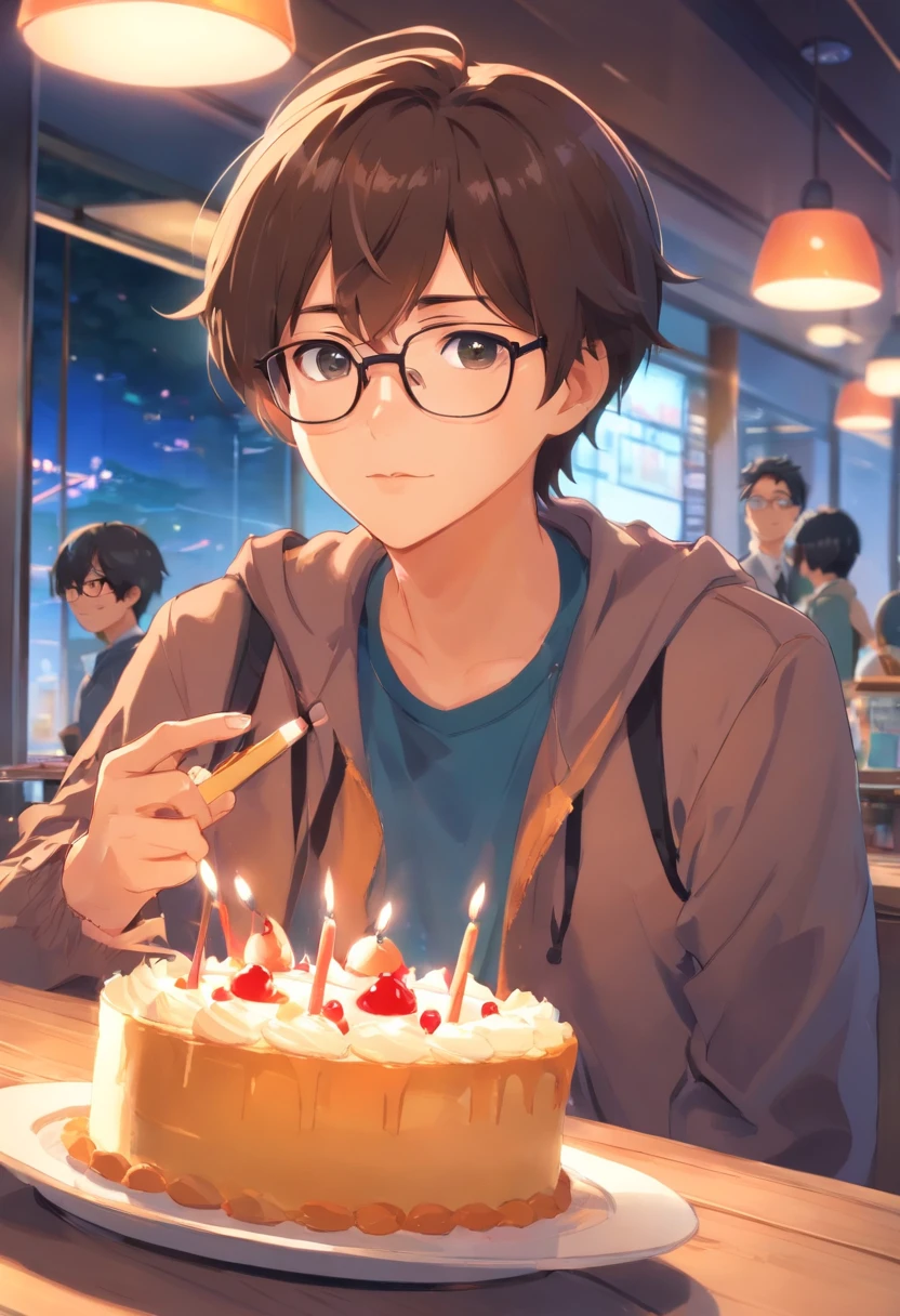 self-shot，A couple，Upper body photo，girl wearing spectacles，Cake in hand，Makoto Shinkai anime，Boys do not wear glasses，