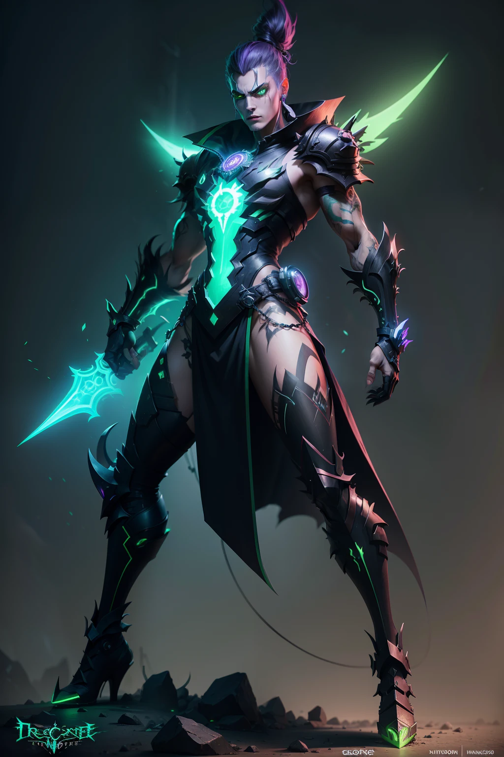 high quality illustration of villaincore, characterpunk, tree gods villain game character, with neon green glowing eyes, glowing definitive lines, with a dark textured rough background inspired by fantasy games, full body shot, octane render, style raw