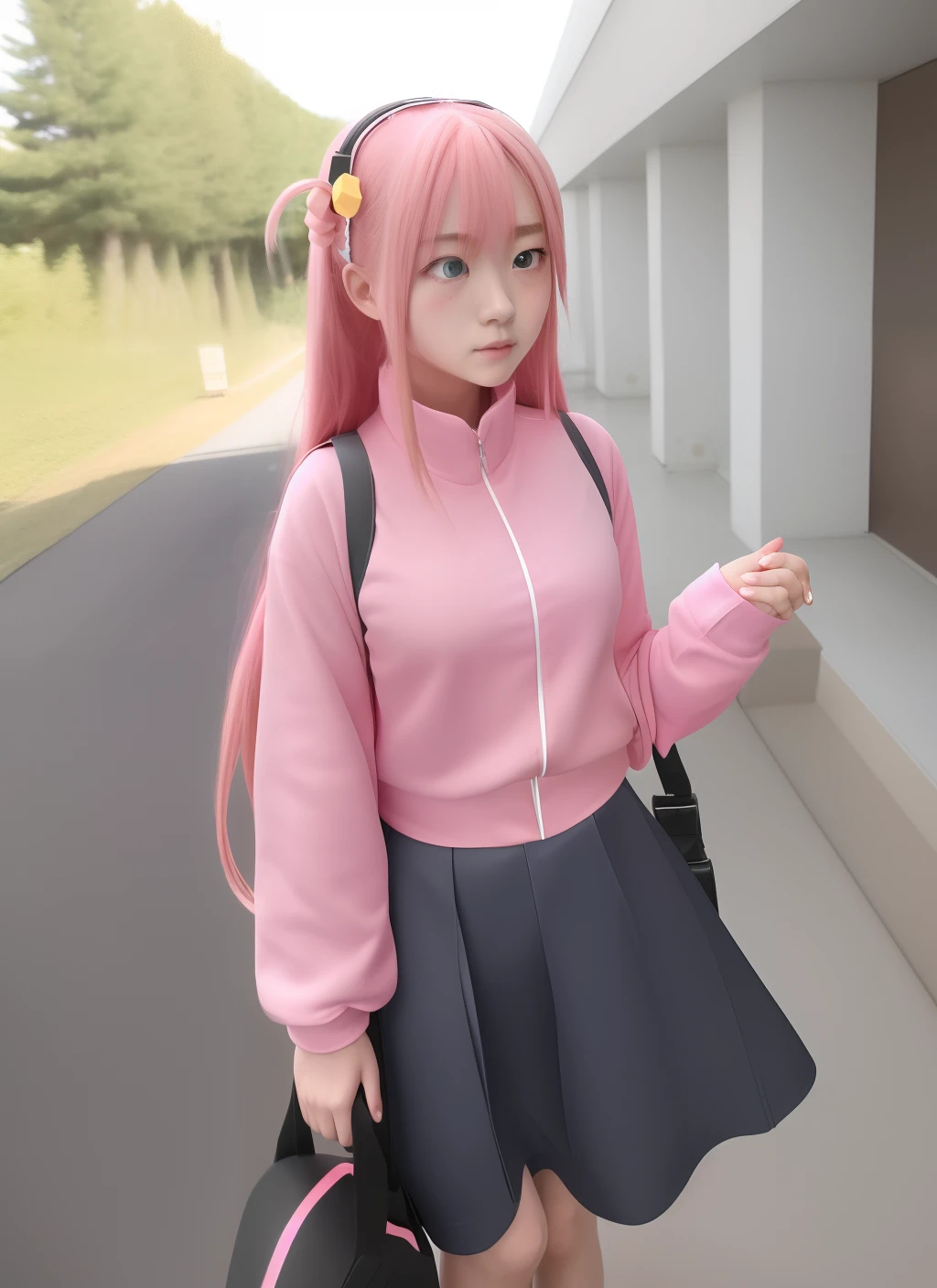 gotou1, Goto Hitorigoto 1, gotou hitori, 15 years old , lolita ,A pink-haired, sky-blue eyes, The long-haired, medium breasts⁩,(pink track jacket:1.1025), Black skirt, carrying a guitar