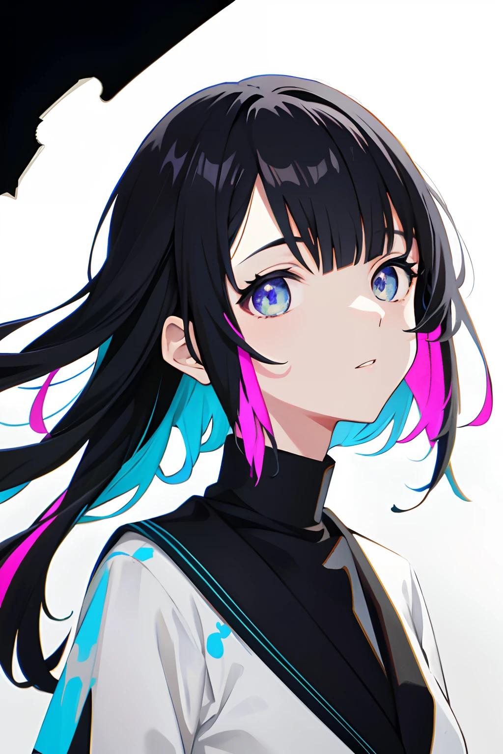 close up shot, eye close up, ((masterpiece)), ((ultra-detailed)), pixiv, best shadows, best lighting, best quality, cinematic shot, 1girl, solo, bangs, black background, paint, portrait, short hair, blunt bangs, parted lips, paint splatter, ((two-tone hair)), looking at viewer, white hair, ((colorful eyes)), paint splatter on face, chromatic aberration, simple background