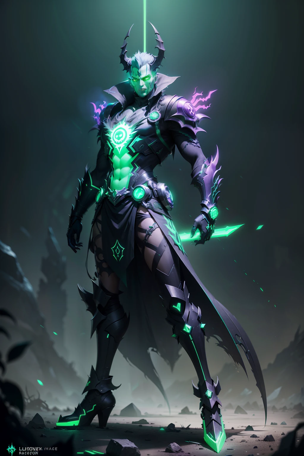 high quality illustration of villaincore, characterpunk, tree gods villain game character, with neon green glowing eyes, glowing definitive lines, with a dark textured rough background inspired by fantasy games, full body shot, octane render, style raw