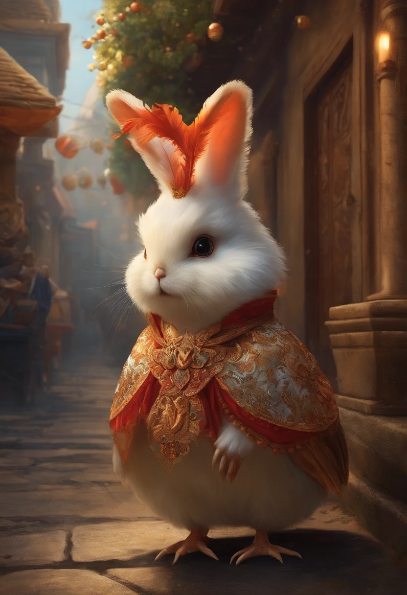 Zodiac chicken A fluffy rabbit, ,Big eyes, Dress up in festive costumes, Standing on the side of the street, Ancient style, Artistic touch,Snes painting