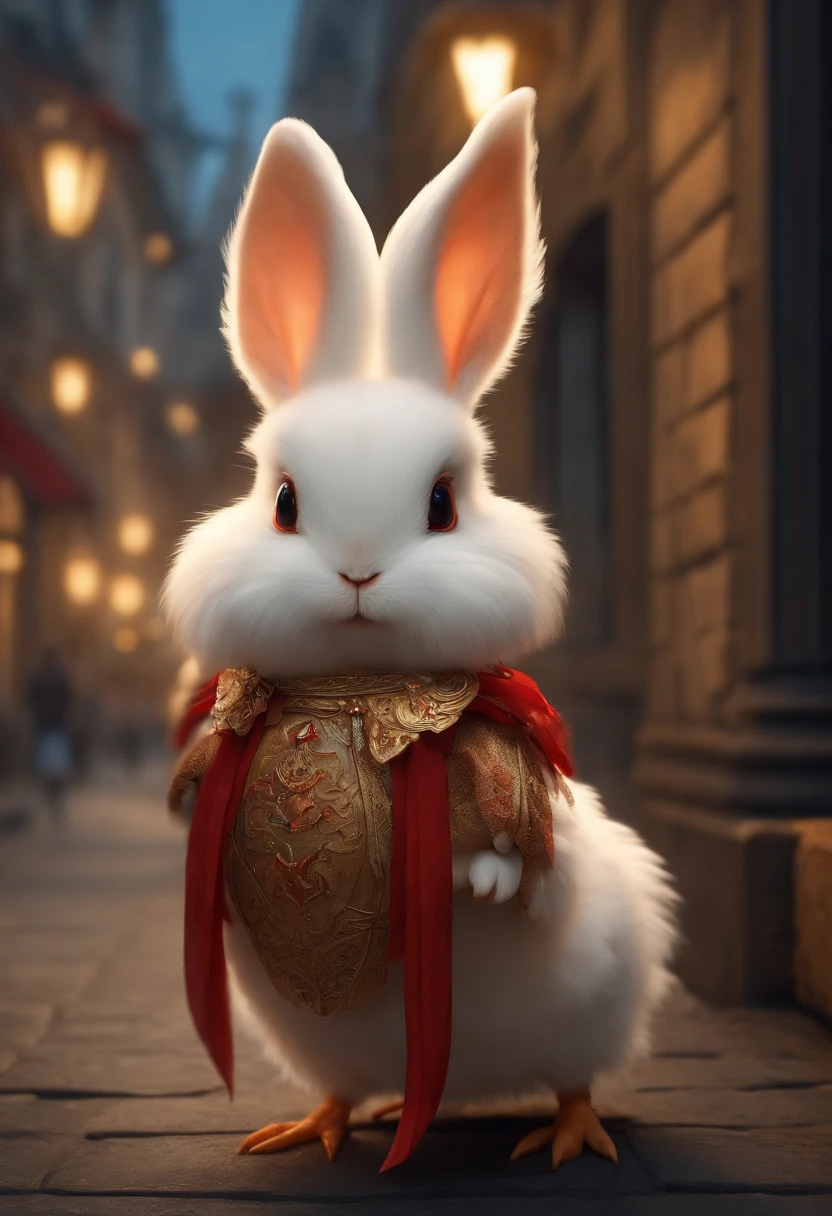 Zodiac chicken A fluffy rabbit, ,Big eyes, Dress up in festive costumes, Standing on the side of the street, Ancient style, Artistic touch，Snes painting