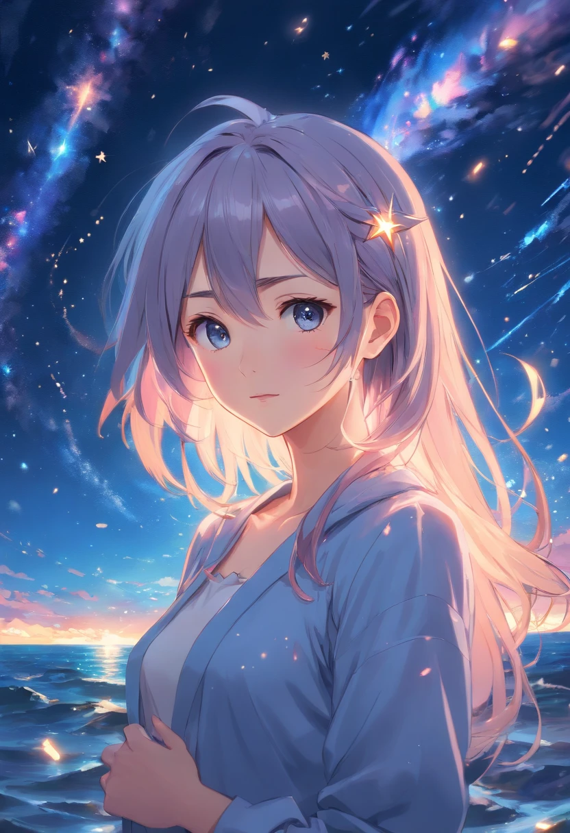 ((masterpiece)), ((best quality)), ((illustration)), extremely detailed,style girl, long shot, small breast,light grey very_long_hair, scifi hair ornaments, beautiful detailed deep eyes, beautiful detailed sky, beautifuldetailed water, cinematic lighting, dramatic angle, (very long sleeves), frills, formal, close to viewer, (an extremely delicate and beautiful),best quality,highres,official art,extremely detailed CG unity 8k wallpaper,  ((starry sky)), star river,array stars, Holy, noble, ((oil painting)) , ((wallpaper 8k CG)), (realistic), Concept Art, vary blue and red and orange and pink hard light, intricate light, dynamic hair, haircut, dynamic fuzziness, beautiful and aesthetic, intricate light, manga and anime