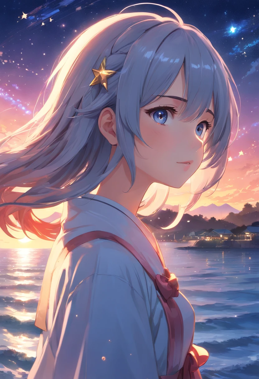 ((masterpiece)), ((best quality)), ((illustration)), extremely detailed,style girl, long shot, small breast,light grey very_long_hair, scifi hair ornaments, beautiful detailed deep eyes, beautiful detailed sky, beautifuldetailed water, cinematic lighting, dramatic angle, (very long sleeves), frills, formal, close to viewer, (an extremely delicate and beautiful),best quality,highres,official art,extremely detailed CG unity 8k wallpaper,  ((starry sky)), star river,array stars, Holy, noble, ((oil painting)) , ((wallpaper 8k CG)), (realistic), Concept Art, vary blue and red and orange and pink hard light, intricate light, dynamic hair, haircut, dynamic fuzziness, beautiful and aesthetic, intricate light, manga and anime