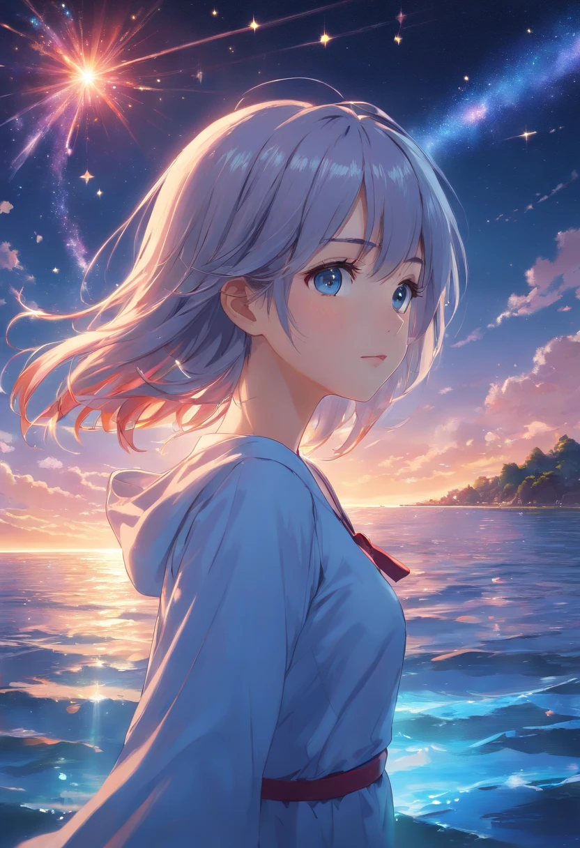 ((masterpiece)), ((best quality)), ((illustration)), extremely detailed,style girl, long shot, small breast,light grey very_long_hair, scifi hair ornaments, beautiful detailed deep eyes, beautiful detailed sky, beautifuldetailed water, cinematic lighting, dramatic angle, (very long sleeves), frills, formal, close to viewer, (an extremely delicate and beautiful),best quality,highres,official art,extremely detailed CG unity 8k wallpaper,  ((starry sky)), star river,array stars, Holy, noble, ((oil painting)) , ((wallpaper 8k CG)), (realistic), Concept Art, vary blue and red and orange and pink hard light, intricate light, dynamic hair, haircut, dynamic fuzziness, beautiful and aesthetic, intricate light, manga and anime