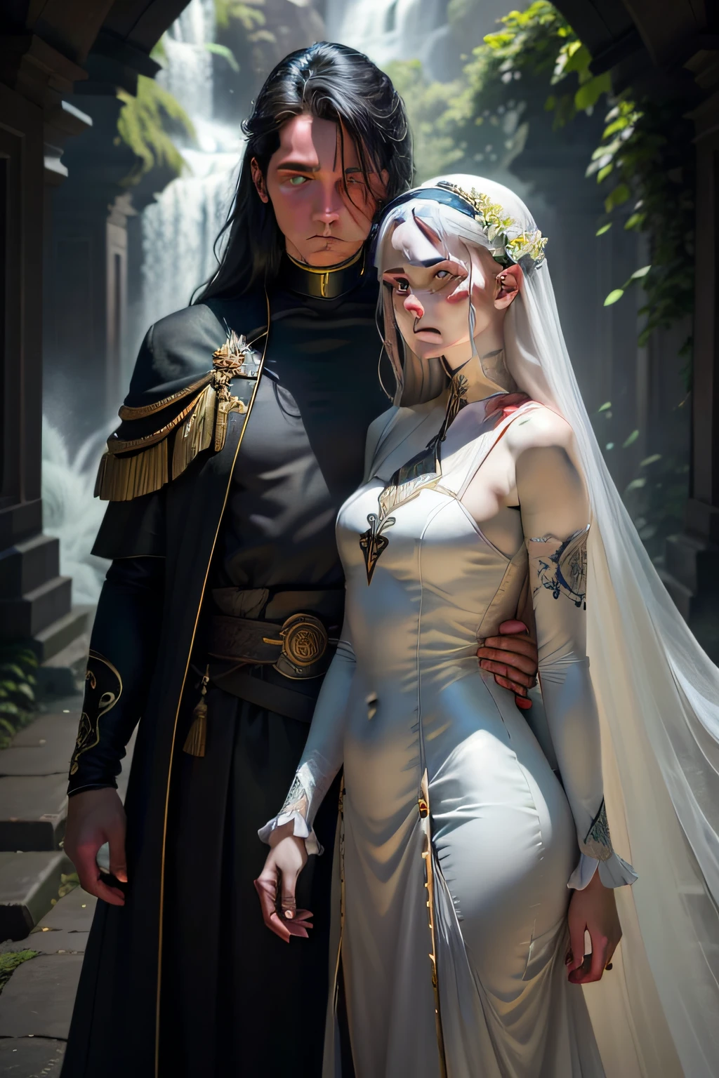The female protagonist and the male protagonist of the novel have differences，The green light flashes，In a trance, I see it，A young and beautiful man and woman，A nun fairy in a white dress on one side，The Green Frost Sword was held in his hand，Long hair draped over the shoulders like a waterfall，The eyes are cold and decisive，It also reveals sadness and reluctance，Stand in front of the temple，On the other side is a man with a cold expression，Wearing black and gold patterns，Long inky hair tied high，Deep eyes，It's like hunting，It makes people shudder to watch