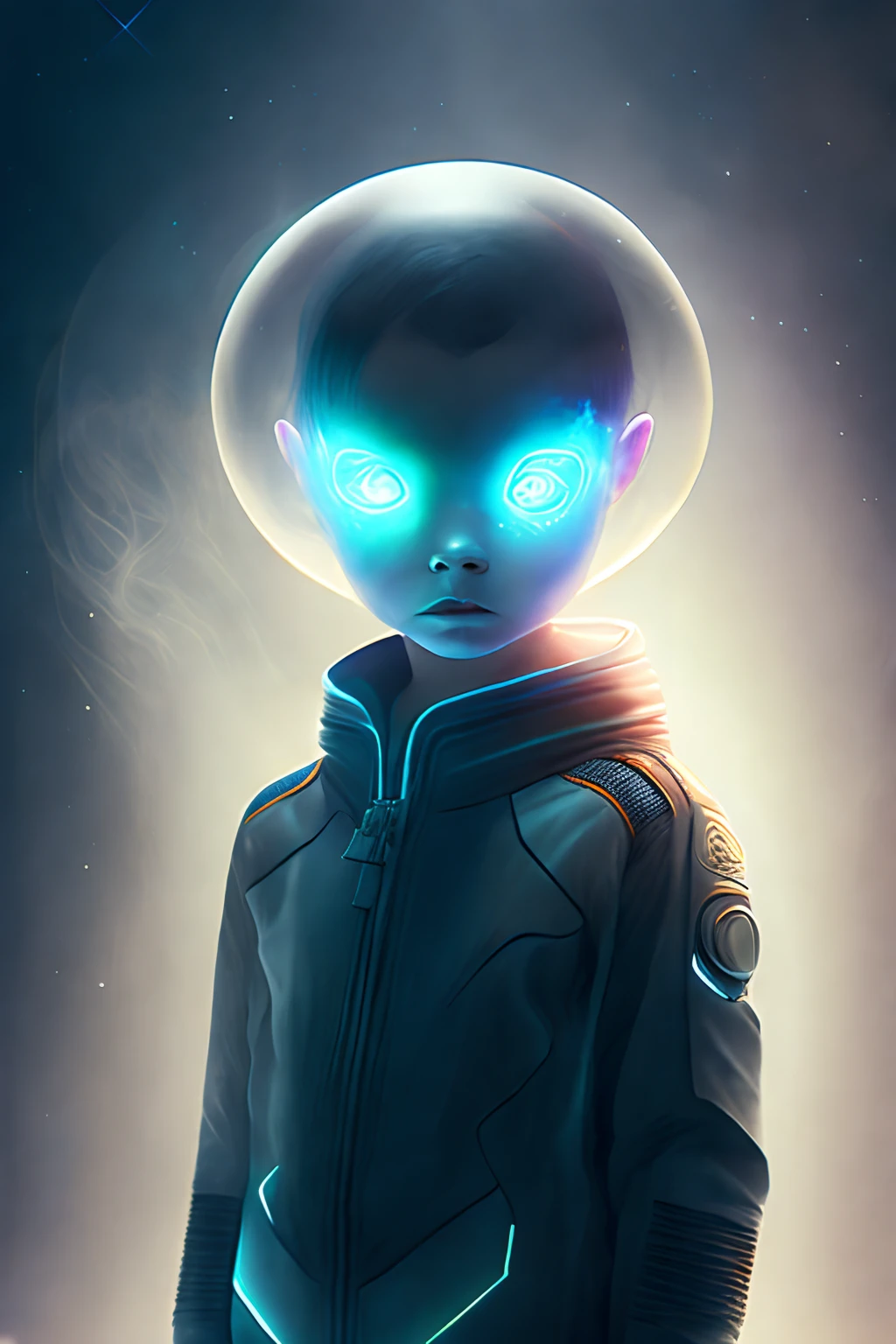 Ghost portrait of a futuristic alien child from the creator of another dimension of the universe