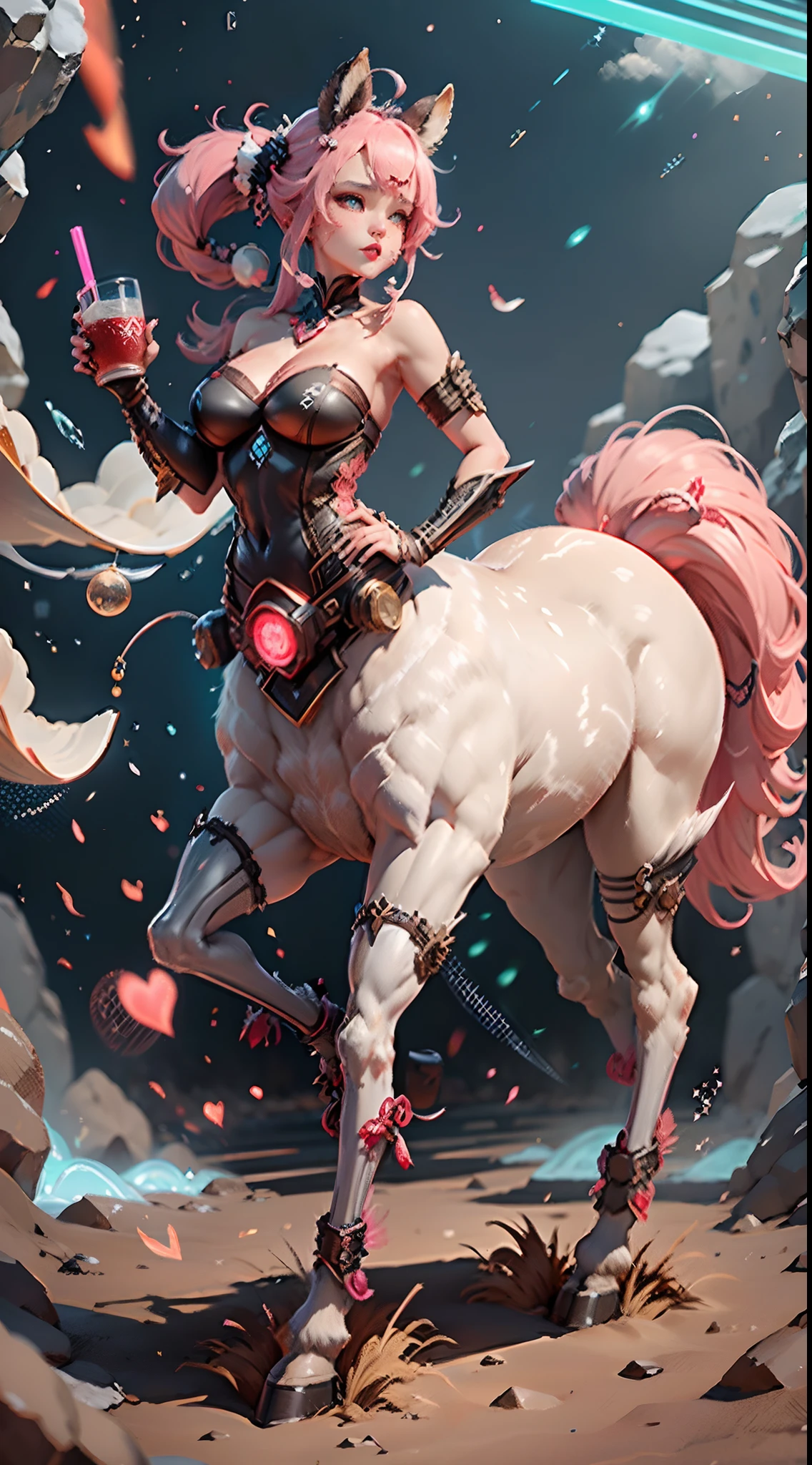 In a very grand scene，The extra-large wide-angle lens captures the appearance of a female centaur。She is tall，It has the ultimate curvy beauty，The muscles are slender and firm，Beautiful lines。Her facial features are tough and coquettish，（The top of the head grows huge white antlers9.9），Always with a sunny smile。She wears special equipment sponsored by the "Moutai" company，（It has the oversized "Moutai" art character on it：9.9），Step on multifunctional off-road style heels。The detection equipment around you flashes various cue lights and neon-like information screens，All have Moutai's unique red and white design and Luckin's unique blue background white deer design，Let her exude a charming brilliance。Use Midjourney's premium brushes、Color Palette、Model package、Texture tools、Tools such as texture packs，（Design clothing for female centaurs with the WordArt logo "Moutai" and "Luckyin" unique sponsorship logos：9.9），Highlight her unique physiological characteristics and appearance details，Add realism。And in her adventure scene，Spectacular views of nature，Such as the sky where storms and sunny days alternate、Brilliant rivers of stars and auroras、The snow-capped summit of Mount Everest、Fireworks in the mountain town, etc。ao mesmo tempo，Away from the hustle and bustle of Long Beach Pier is a neon-lit spaceship docked，Create a fantastic scene。Use Midjourney's advanced tools and multiple color palettes、Brush Strokes、Texture tools and model packages，It shows a sense of atmosphere where beauty and charm coexist。The charm of the female centaur is highlighted through color and lines，Enhance realism with detailing，Create a surreal dreamy feeling。Additionally，Use Midjourney's tools to add various drink utensils and to the female centaur（With "Moutai"、A cultural ornament with the logo of the "luckin" art character pattern：9.9），Create intricate hairstyles and outfits，Give her a sense of premium。She never flinches，Regardless of the terrain，can respond quickly，Even the extreme geography