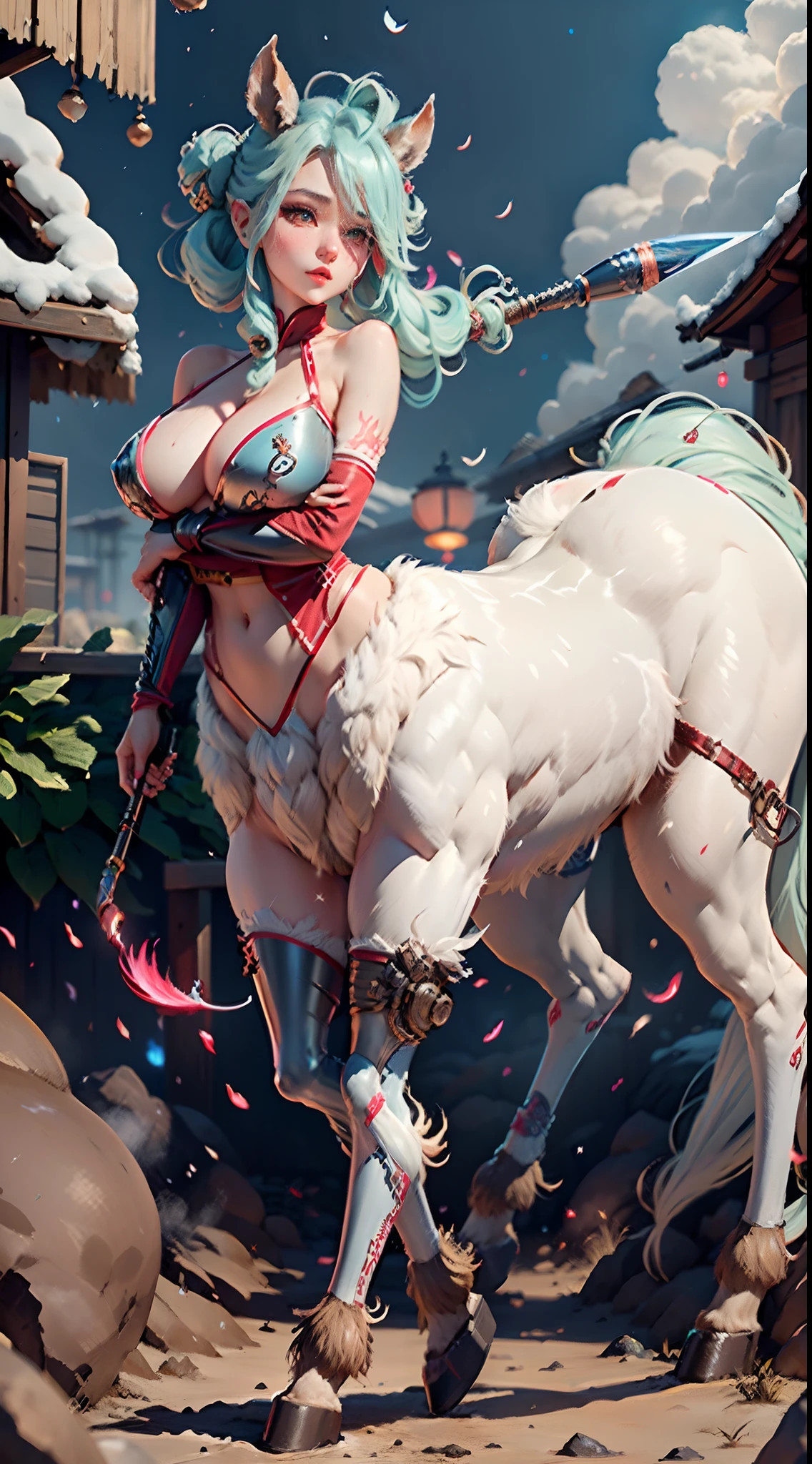 In a very grand scene，The extra-large wide-angle lens captures the appearance of a female centaur。She is tall，It has the ultimate curvy beauty，The muscles are slender and firm，Beautiful lines。Her facial features are tough and coquettish，（The top of the head grows huge white antlers9.9），Always with a sunny smile。She wears special equipment sponsored by the "Moutai" company，（It has the oversized "Moutai" art character on it：9.9），Step on multifunctional off-road style heels。The detection equipment around you flashes various cue lights and neon-like information screens，All have Moutai's unique red and white design and Luckin's unique blue background white deer design，Let her exude a charming brilliance。Use Midjourney's premium brushes、Color Palette、Model package、Texture tools、Tools such as texture packs，（Design clothing for female centaurs with the WordArt logo "Moutai" and "Luckyin" unique sponsorship logos：9.9），Highlight her unique physiological characteristics and appearance details，Add realism。And in her adventure scene，Spectacular views of nature，Such as the sky where storms and sunny days alternate、Brilliant rivers of stars and auroras、The snow-capped summit of Mount Everest、Fireworks in the mountain town, etc。ao mesmo tempo，Away from the hustle and bustle of Long Beach Pier is a neon-lit spaceship docked，Create a fantastic scene。Use Midjourney's advanced tools and multiple color palettes、Brush Strokes、Texture tools and model packages，It shows a sense of atmosphere where beauty and charm coexist。The charm of the female centaur is highlighted through color and lines，Enhance realism with detailing，Create a surreal dreamy feeling。Additionally，Use Midjourney's tools to add various drink utensils and to the female centaur（With "Moutai"、A cultural ornament with the logo of the "luckin" art character pattern：9.9），Create intricate hairstyles and outfits，Give her a sense of premium。She never flinches，Regardless of the terrain，can respond quickly，Even the extreme geography