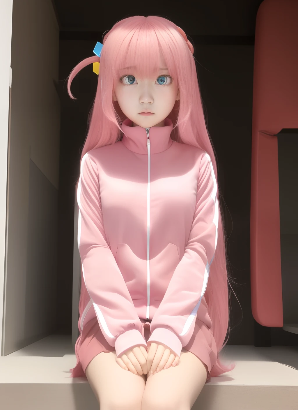 gotou1, Goto Hitorigoto 1, gotou hitori, 15 years old , Lolita ,A pink-haired, sky-blue eyes, The long-haired, medium breasts,(pink track jacket:1.1025), Black skirt, Tuck your hands between your thighs