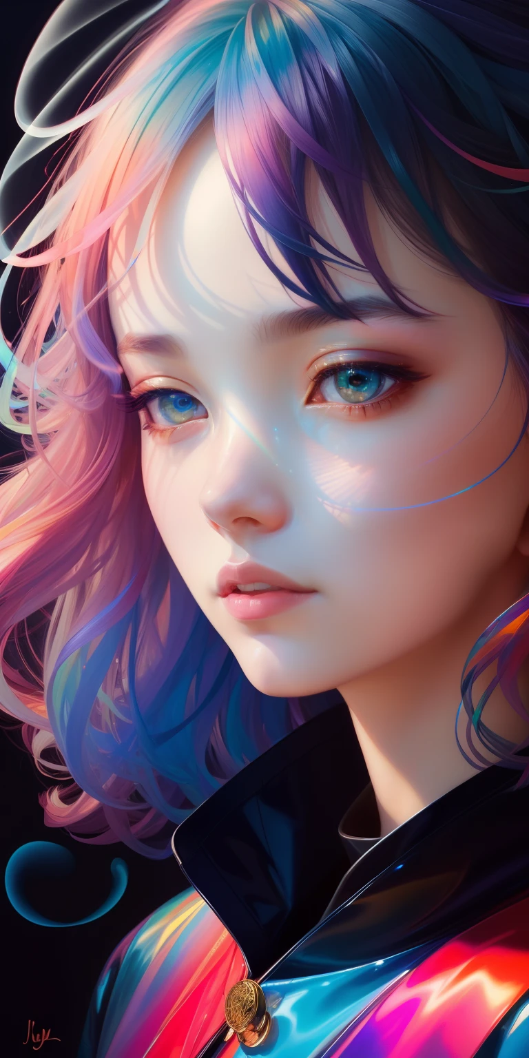 _james jean, floating female figure made of ribbons, smoke, in the sky, colorful and vibrant, mystical colors, contemporary impressionism, yanjun cheng portrait painting, iridescent painting, 3/4 perspective view, cute face, low angle, sweeping circling composition, large beautiful crystal eyes, big irises, UHD, HDR, 8K, (Masterpiece:1. 5), (the most beautiful portrait in the world:1.5)