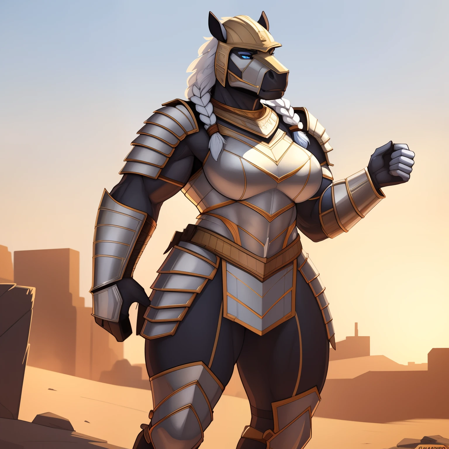 muscular_mature_horse female white_mane long_single_braid gray_furry_body blue_eyes solo Masterpiece best_quality absurdres highly_detailed heavy_roman_armor helmet cleanly_drawn_eyes anthro_only angry by_claweddrip, by_greasymojo, by_underscore-b, by_runawaystride