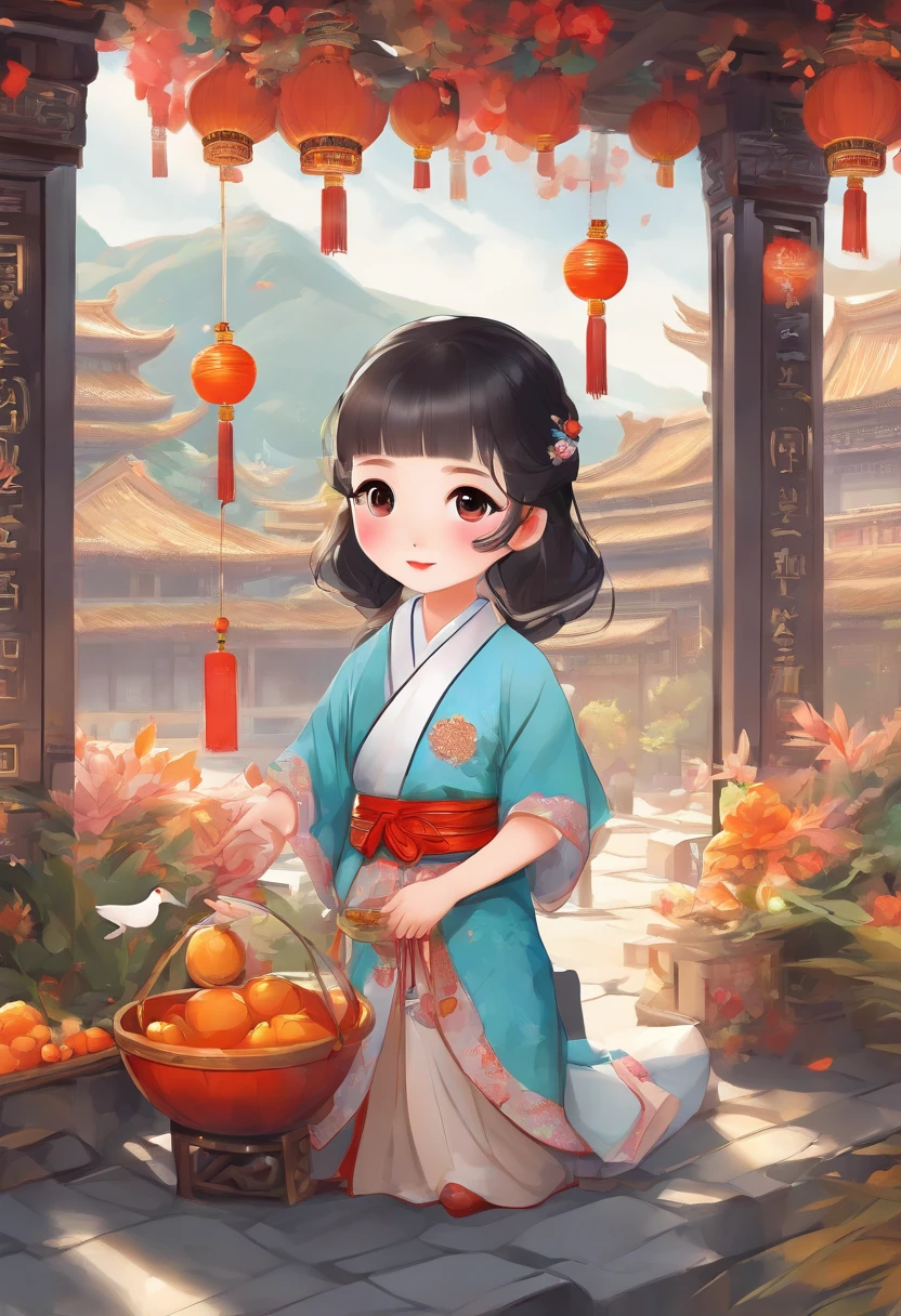 China-style，Tang dynasty baby girl，Hanfu，Cute and cute，Ball head，Hold a bunch of sugar gourds，Lively streets of Chang'an，Full body like，Detailed and accurate，depth of fields，8K,A high resolution,tmasterpiece,Beautiful wallpapers,high qulity,high detal,s the perfect face,offcial art,blur backgroun, --niji 5 --q 2