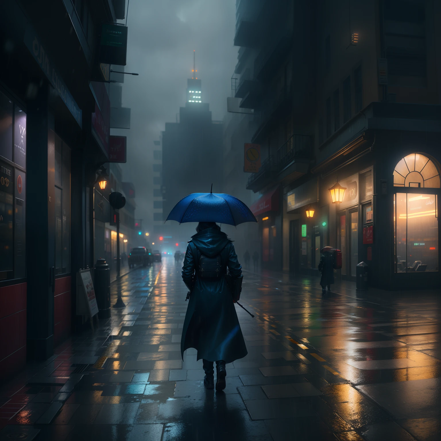 Araffe caminando bajo la lluvia con un paraguas en la ciudad, cinematic photograph concept art, Rainy Day. renderizado del juego, moody cinematic lighting, cinematic atmospheric photo, gloomy cinematic lighting, 8K cinematic wallpaper, Cinematic 8K wallpaper, Ciudad Cyberpunk lluviosa, Como una escena de Blade Runner, cinematic digital painting, moody cinematic lighting, beautiful and cinematic lighting, Temperamental cinematic atmosphere