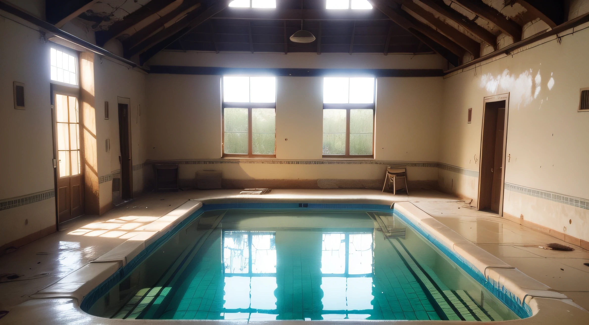 Inside the large shabby room,Abandoned pools,No water
