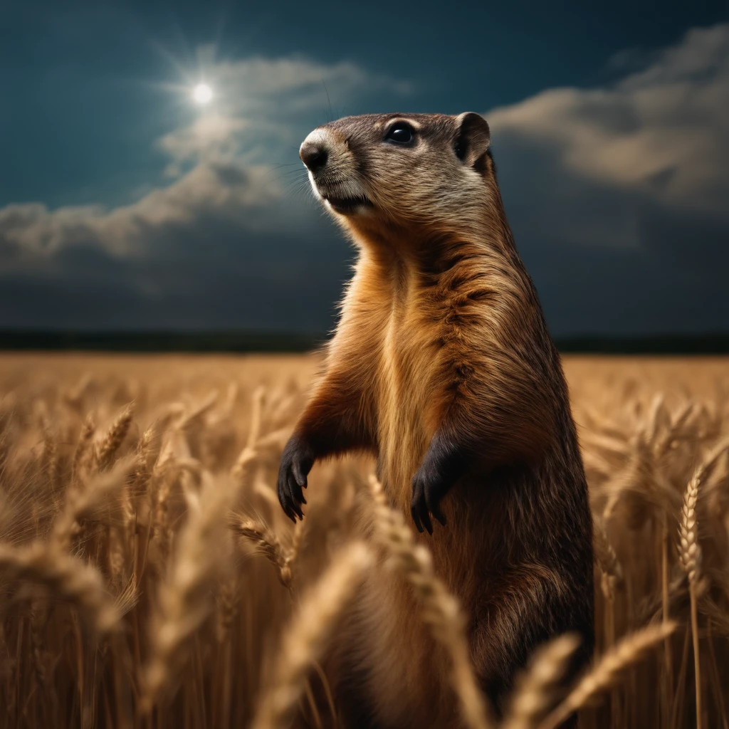 Groundhog astronaut standing in a wheat field，