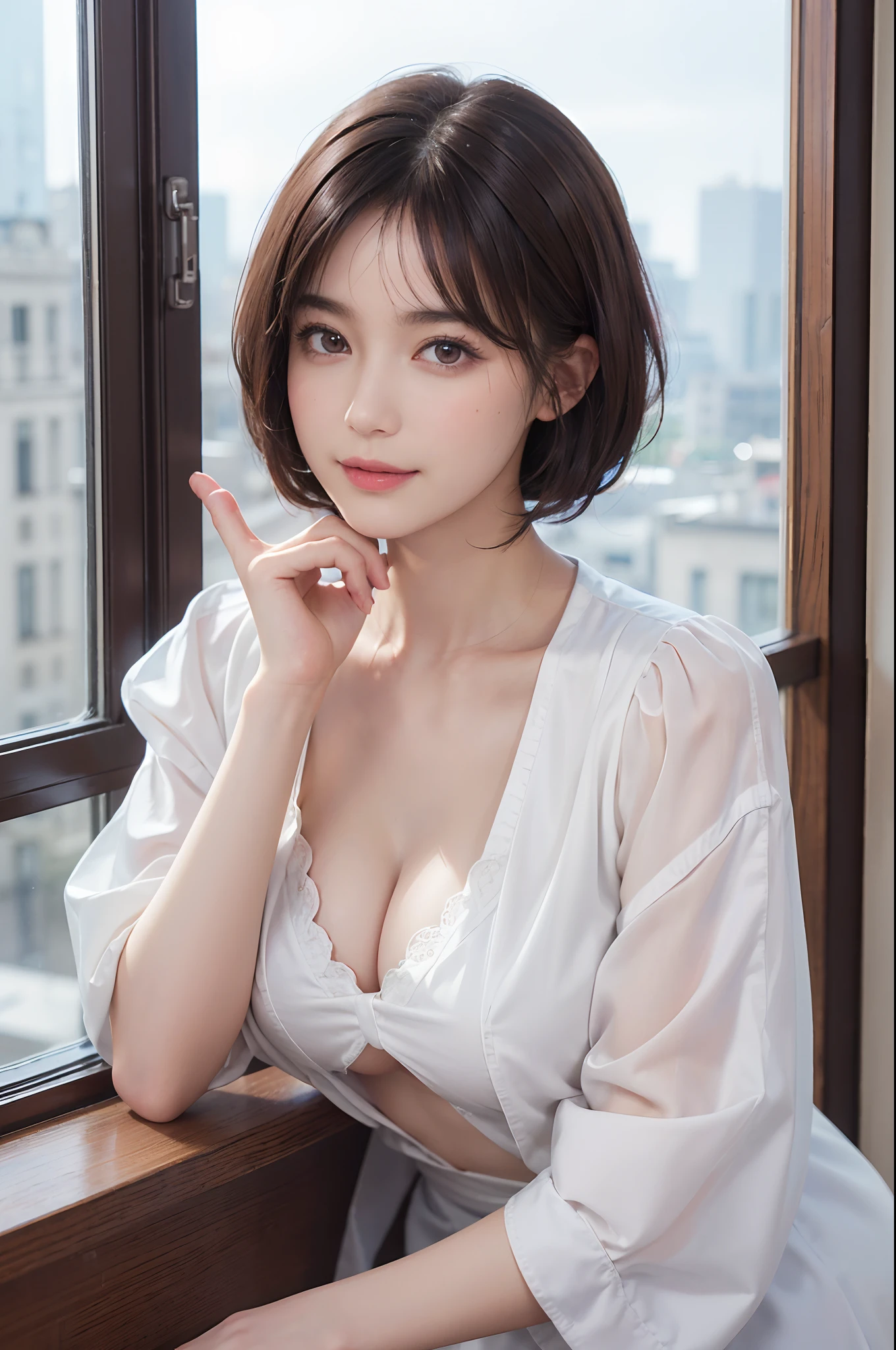 (Masterpiece:1.3), (8K picture quality), Photorealsitic, Raw photo,  (Best Quality: 1.4), (1womanl), Pretty Face, (Realistic face), (A dark-haired, Short hair:1.3), Beautiful hairstyle, Realistic eyes, Detailed fine eyes, (Realistic skin), Beautiful skin, ((Breast-breast)), Absurd, Attractive, Ultra-detailed resolution, the golden ratio, Very detailed, depth of fields, Cafe windowsill, A slight smil, Well-organized clothes