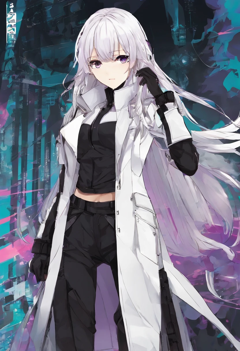 Two-dimensional woman,Long white silky hair,Bright purple pupils,White trench coat with black hard vest armor,A tactical belt hangs a black pocket,Black slim trousers with leggings,A pair of black tactical high-top boots