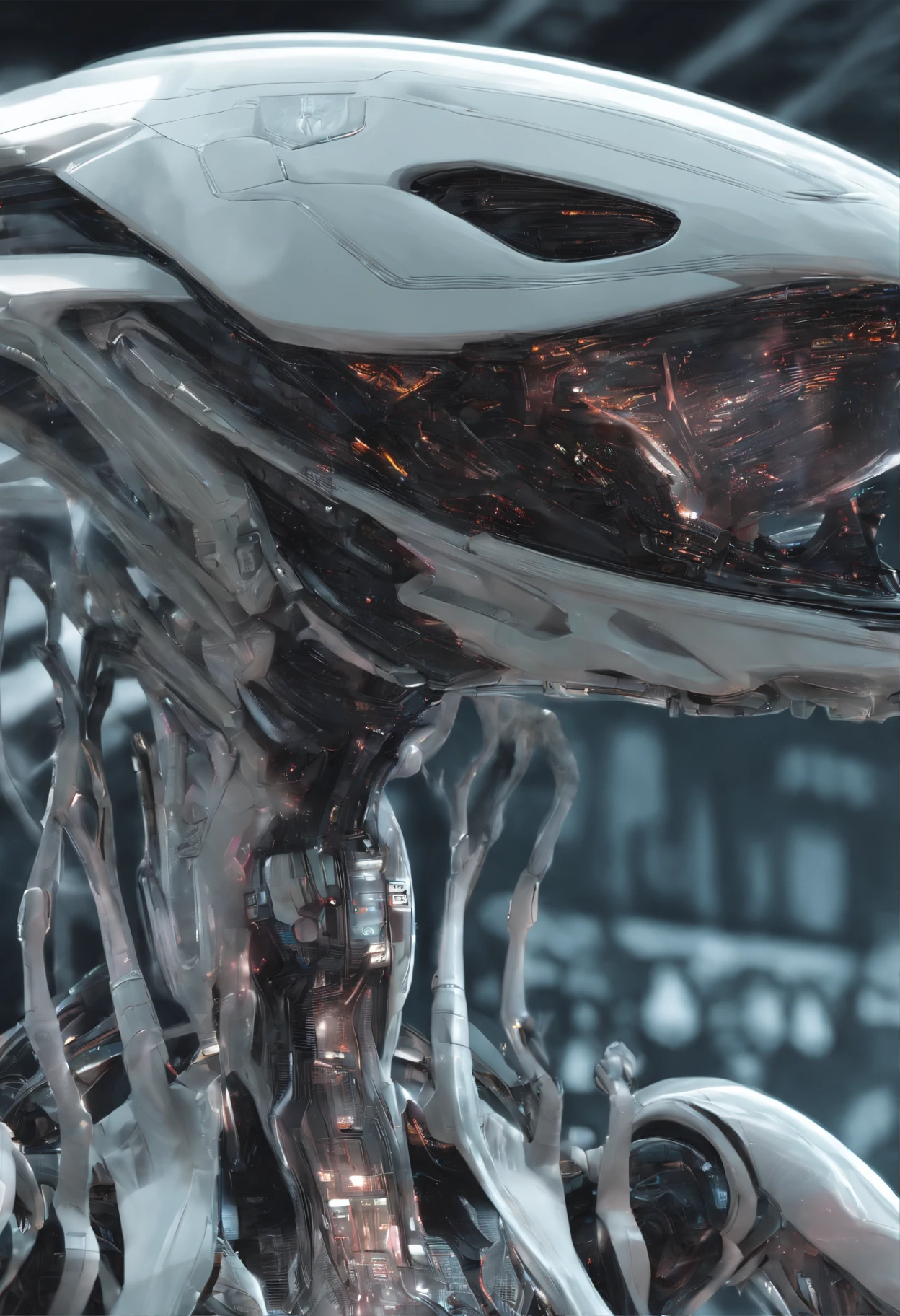 Translucent ethereal aliens,A mech coated with a ceramic glazed luster,Hard surface properties,streamlined line design,It has refined features in a sci-fi environment, glowing from within, Sparks and lights, Close-up, Realistic, Highly detailed, iintricate