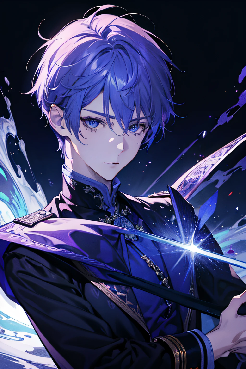 A high resolution,4k,male people,Purple colored hair,blue color eyes,pointy ears,full bodyesbian,holding a sword