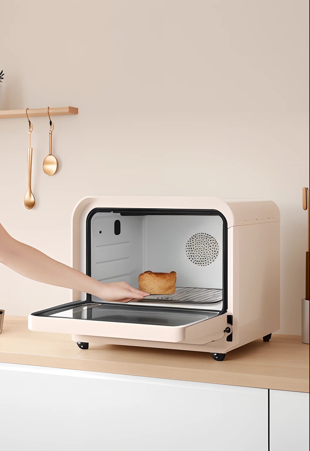 Someone opens the oven door to see what's inside, designed for cozy aesthetics!, oven, SleekDesign, product introduction photos, smooth technology, with accurate features, Glossy surface, Domestic, made of high tech materials, product design shot, 4l, sweden, slick design, Handsome, sienna, argerm, bottom angles, freezing, easy to use, iconic design
