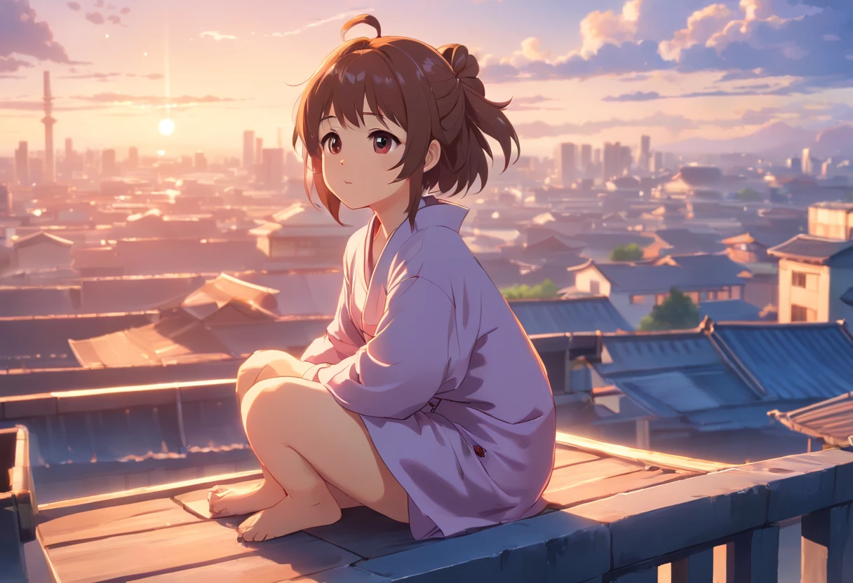 China-style，Pastoral baby girl，Cute and cute，Chubby toot，Sit on the roof and blow the wind，ventania，messy shortt hair，Pink flecked pajamas，Cartoon card issuance，Full body like，Detailed and accurate，depth of fields，8K,A high resolution,tmasterpiece,Beautiful wallpapers,high qulity,high detal,s the perfect face,offcial art,blur backgroun, --niji 5 --q 2