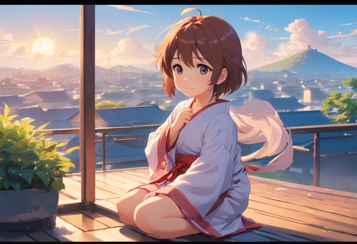 China-style，Pastoral baby girl，Cute and cute，Chubby toot，Sit on the roof and blow the wind，ventania，messy shortt hair，Pink flecked pajamas，Cartoon card issuance，Full body like，Detailed and accurate，depth of fields，8K,A high resolution,tmasterpiece,Beautiful wallpapers,high qulity,high detal,s the perfect face,offcial art,blur backgroun, --niji 5 --q 2