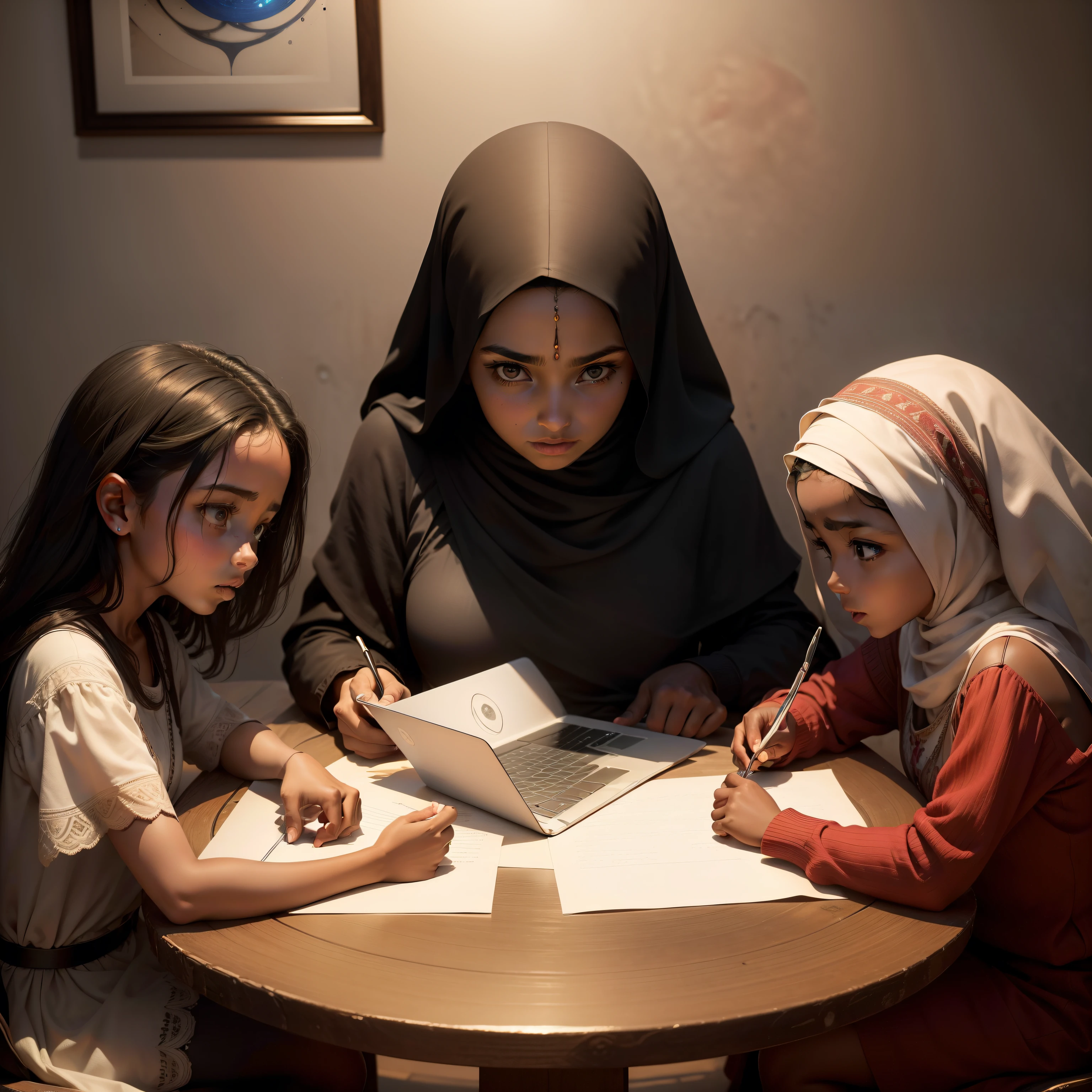 arafed woman and two  sitting at a table with a laptop, stunning visual, intense moment, very powerful, wonderful masterpiece, beautiful masterpiece, beautifully, bright light masterpiece, this is beautiful, incredibly beautiful, african ameera al taweel, amazing depth, thought-provoking, beautiful art, beautiful angle, stunning composition, beautiful composition, absolutely outstanding image